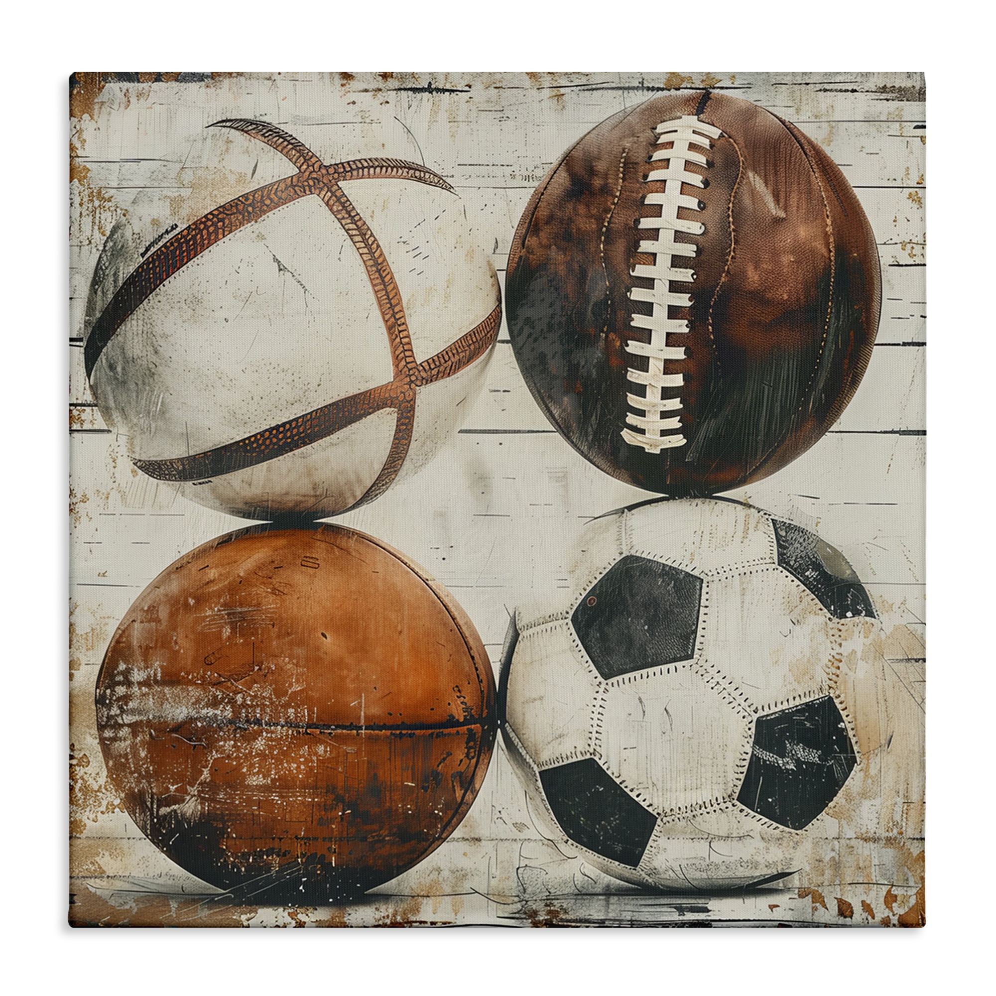 Stupell Industries Rustic Sports Balls Sports Painting Wrapped Canvas Art Print Wall Art, 24 x 24
