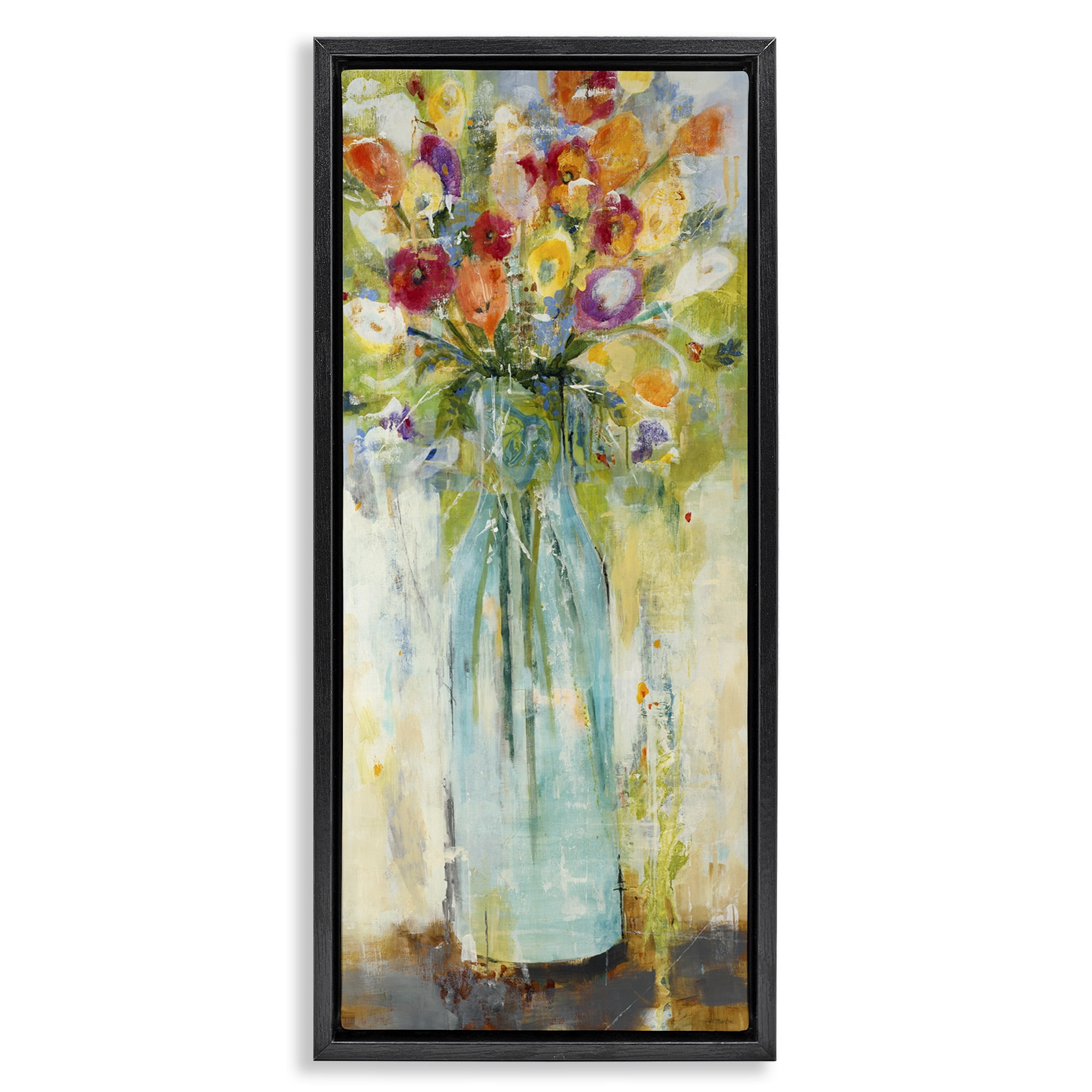 Stupell Industries Rustic Spring Bouquet Abstraction Botanical & Floral Painting Black Floater Framed Canvas Art Print Wall Art, 15 x 31