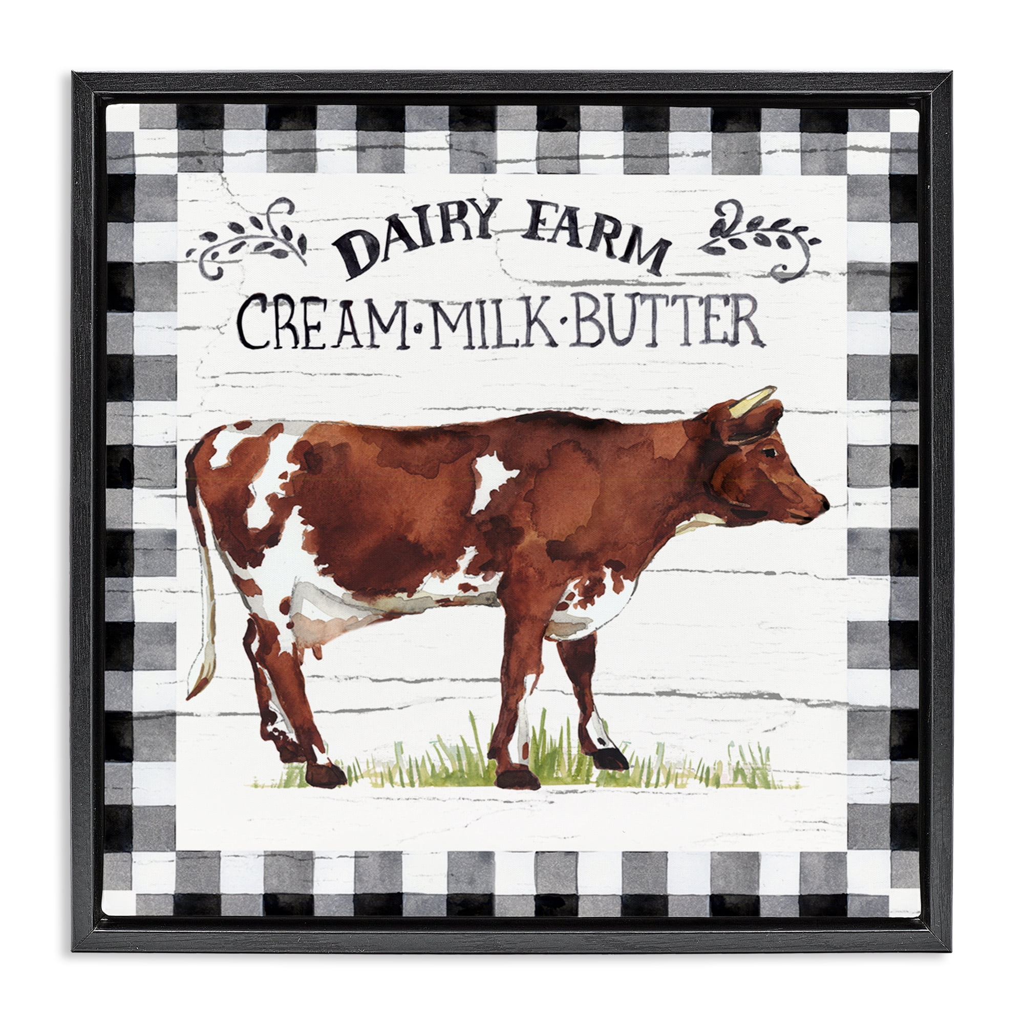 Stupell Industries Rustic Spring Cow Animals Painting Black Floater Framed Canvas Art Print Wall Art, 18 x 18