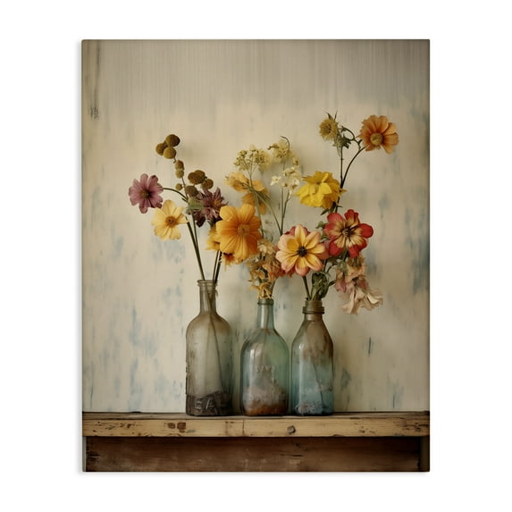 Stupell Industries Rustic Spring Flowers Shelf Floral Painting Wrapped Canvas Canvas Art Print Wall Art, 16 x 20