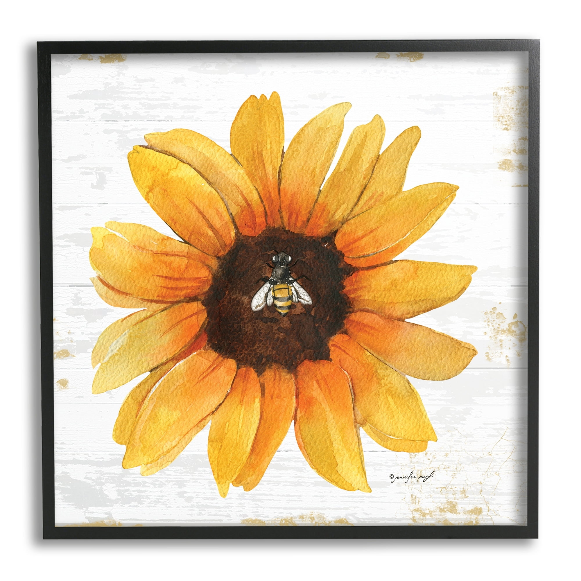Stupell Industries Rustic Sunflower Petals Lone Bumble Bee Flower Design Graphic Art Black Framed Art Print Wall Art, Design by Jennifer Pugh