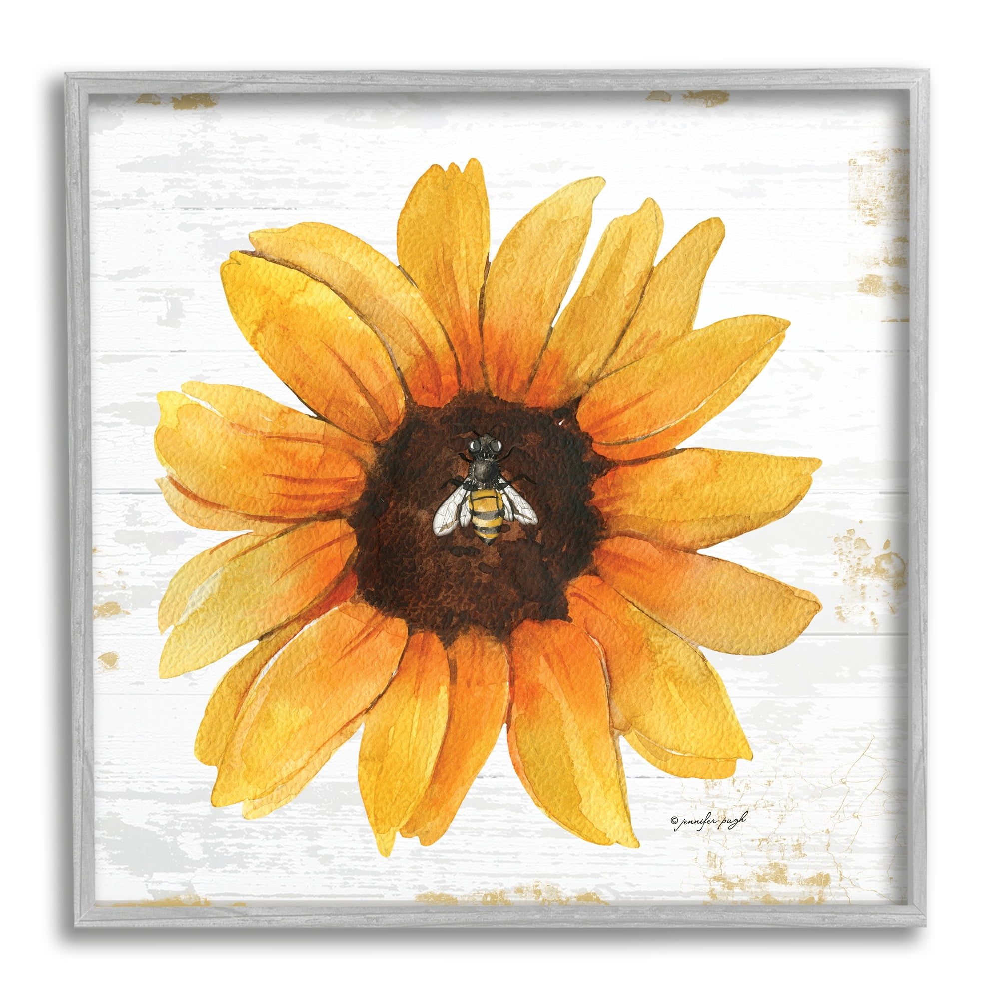 Stupell Industries Rustic Sunflower Petals Lone Bumble Bee Flower Design Graphic Art Gray Framed Art Print Wall Art, Design by Jennifer Pugh