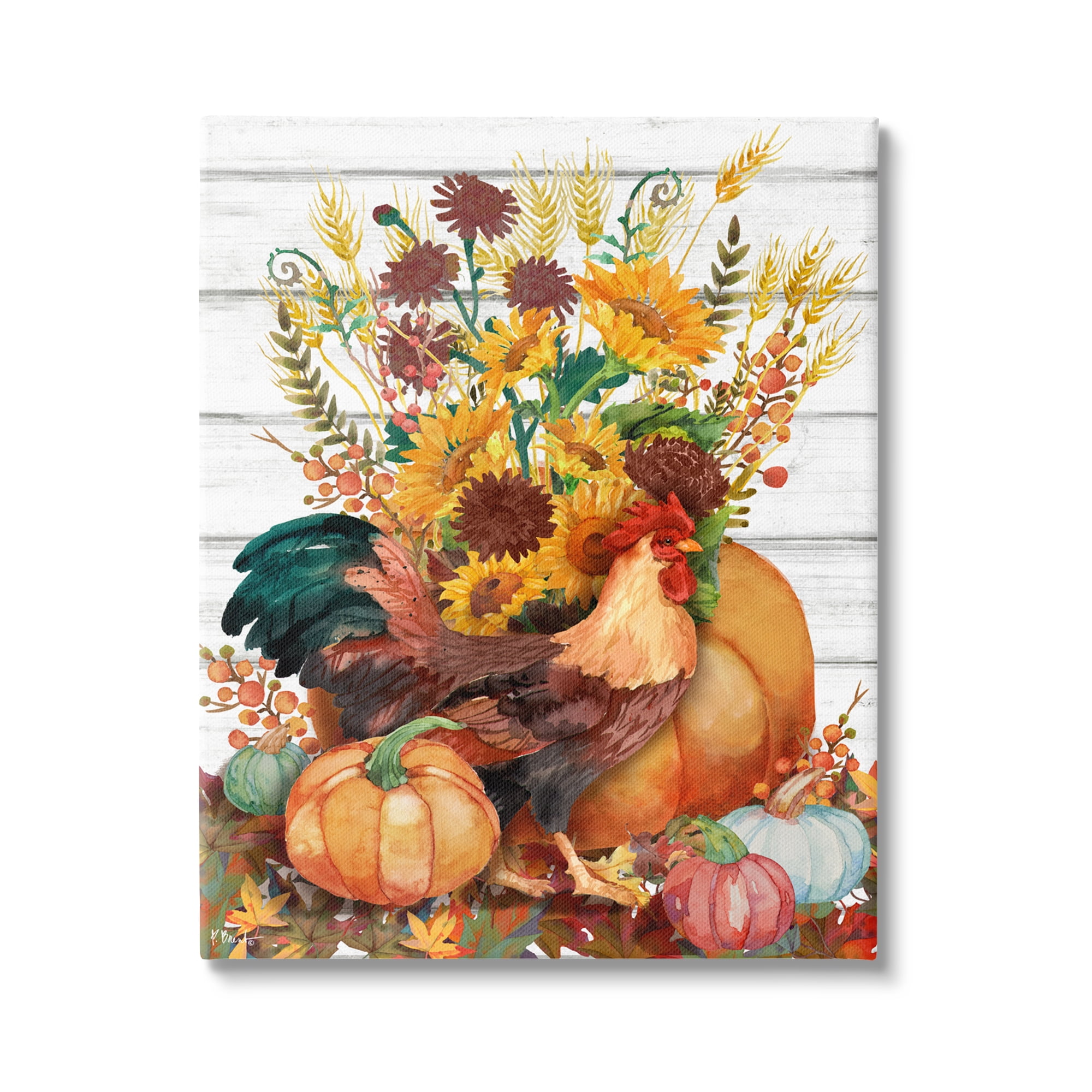 Stupell Industries Rustic Sunflowers & Hen Animals & Insects Painting Gallery Wrapped Canvas Art Print Wall Art, 16 x 20