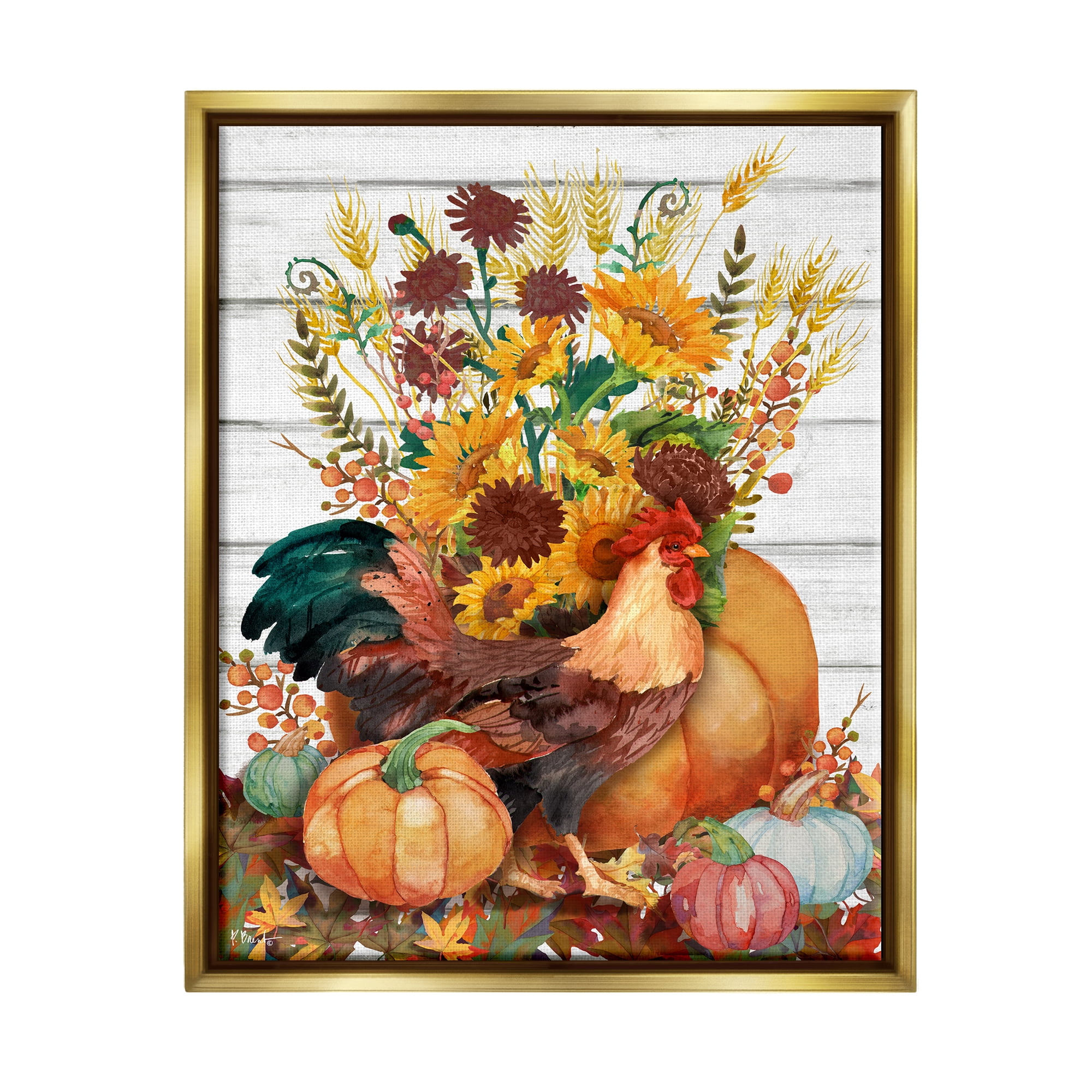 Stupell Industries Rustic Sunflowers & Hen Animals & Insects Painting Gold Floater Framed Canvas Art Print Wall Art, 17 x 21