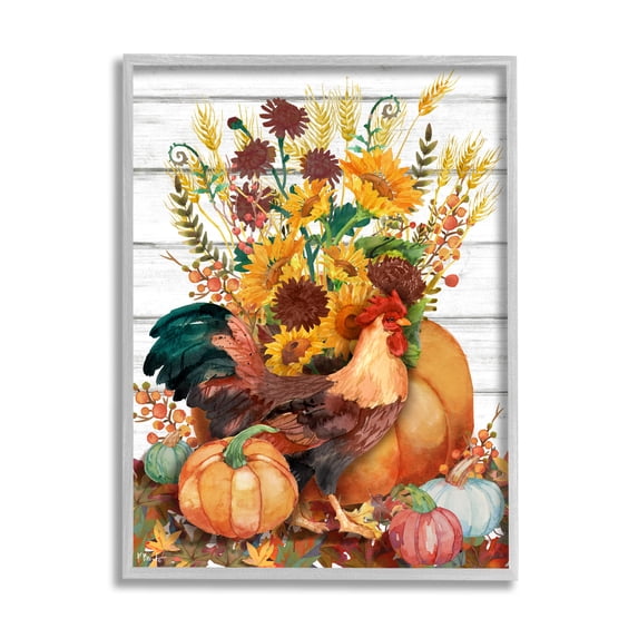 Stupell Industries Rustic Sunflowers & Hen Animals & Insects Painting Gray Framed Art Print Wall Art, 11 x 14