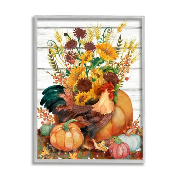 Stupell Industries Rustic Sunflowers & Hen Animals & Insects Painting Gray Framed Art Print Wall Art, 16 x 20