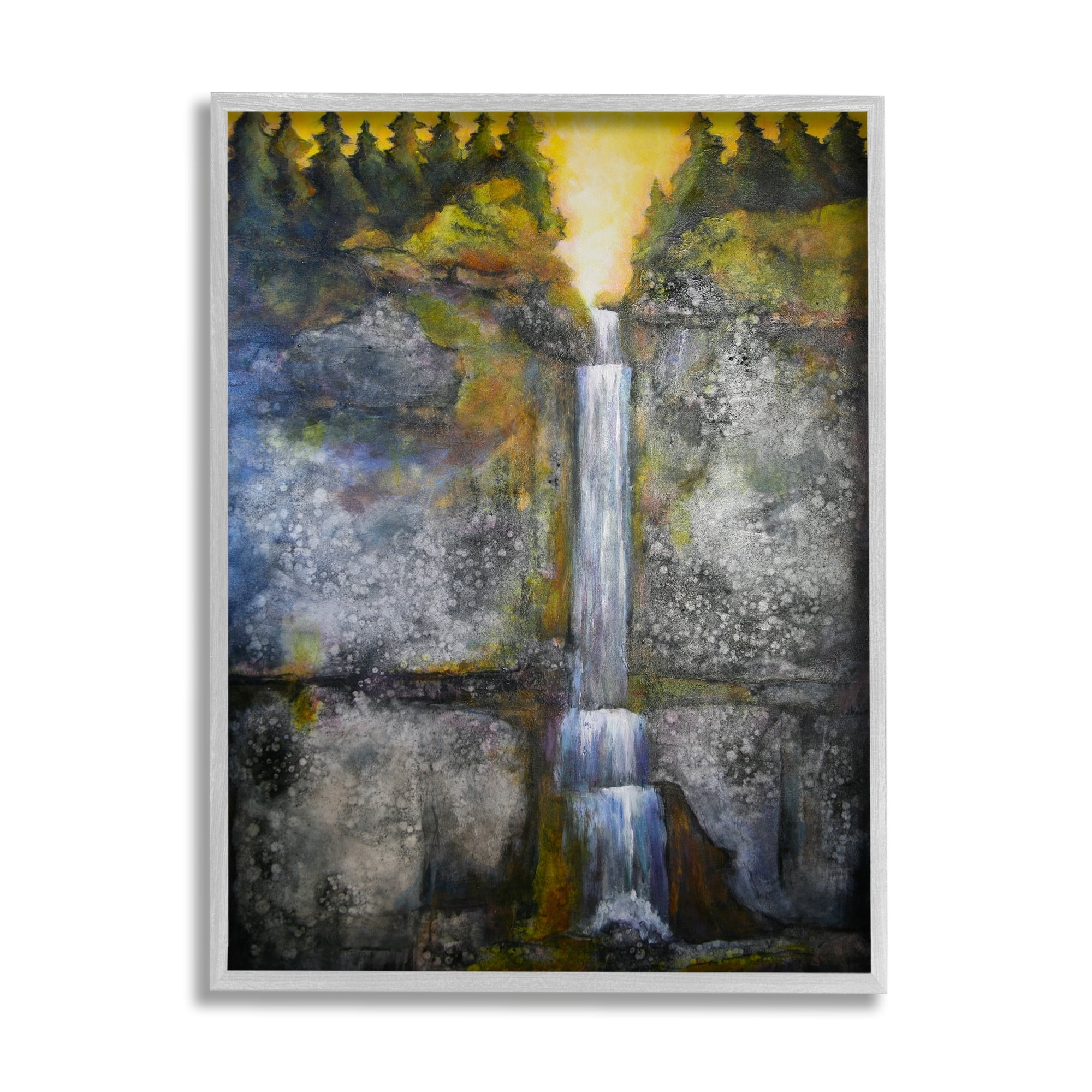 Stupell Industries Rustic Sunset Waterfall Cascading Waters Green Yellow Paintings Gray Framed Art Print Wall Art, 24x30, by Doris Charest