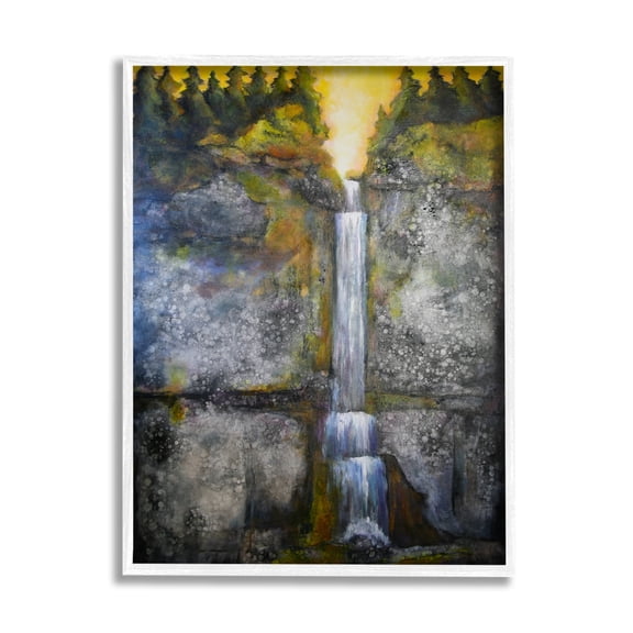 Stupell Industries Rustic Sunset Waterfall Cascading Waters Green Yellow Paintings White Framed Art Print Wall Art, 24x30, by Doris Charest