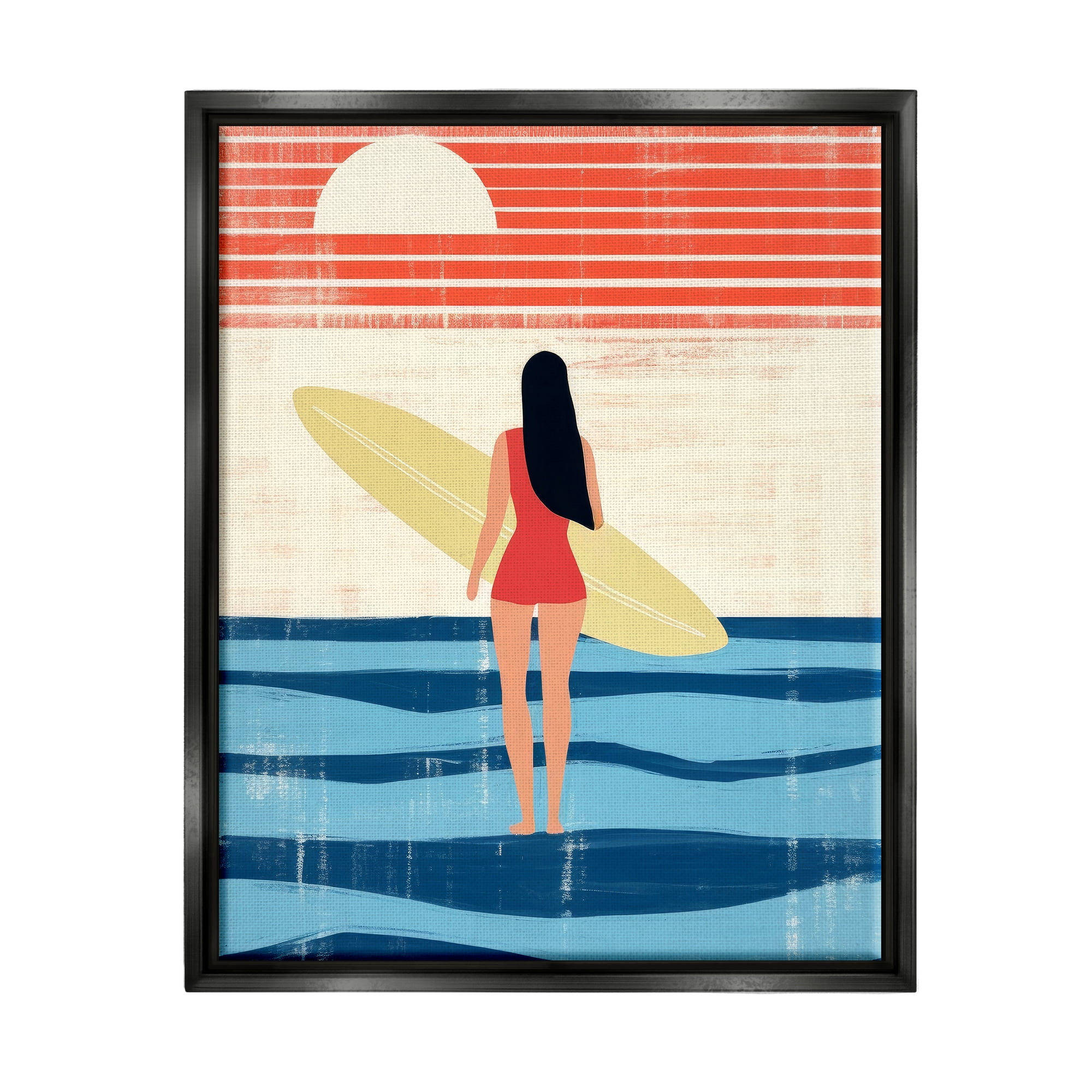 Stupell Industries Rustic Surfer Girl Abstraction Abstract Painting Black Floater Framed Canvas Art Print Wall Art, 25 x 31