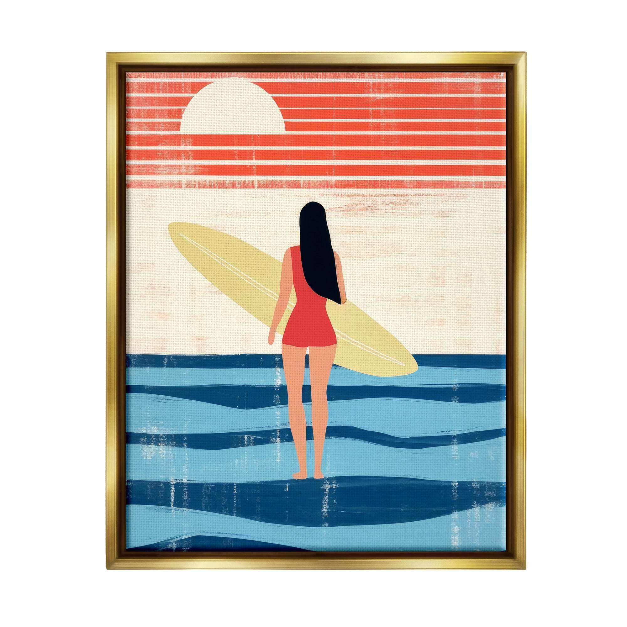Stupell Industries Rustic Surfer Girl Abstraction Abstract Painting Gold Floater Framed Canvas Art Print Wall Art, 25 x 31