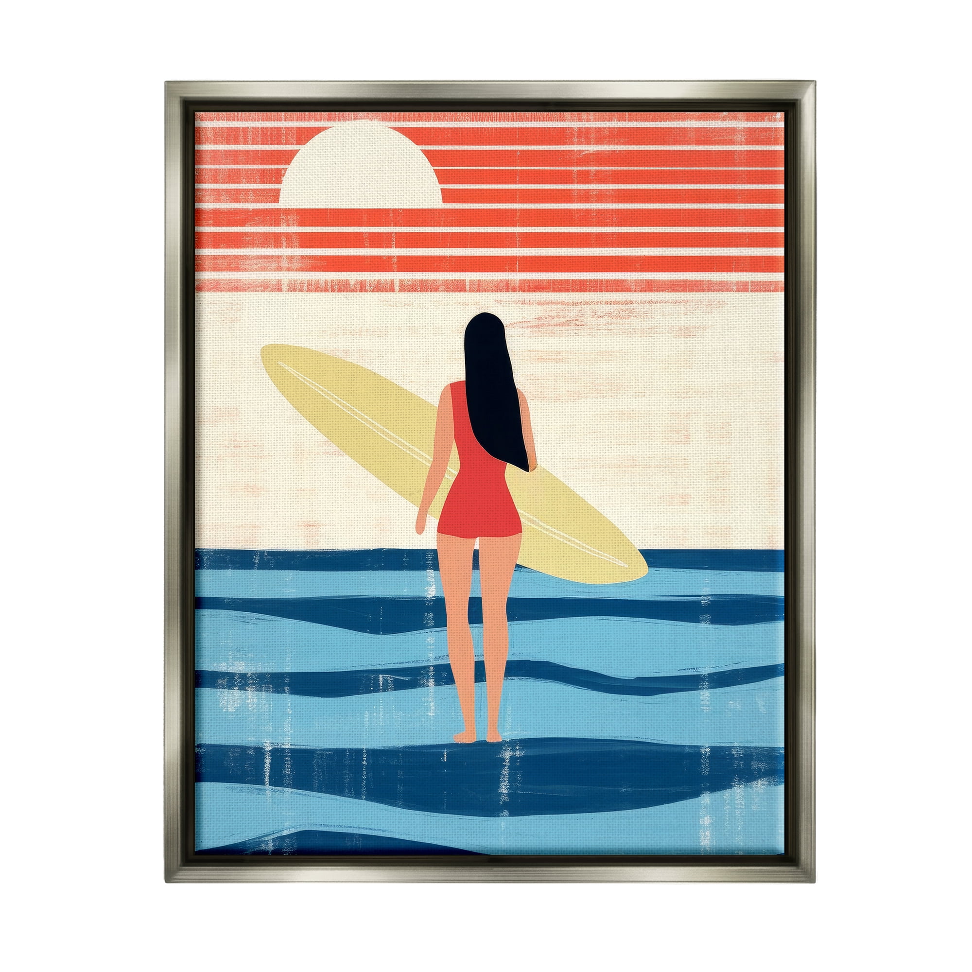 Stupell Industries Rustic Surfer Girl Abstraction Abstract Painting Gray Floater Framed Canvas Art Print Wall Art, 17 x 21
