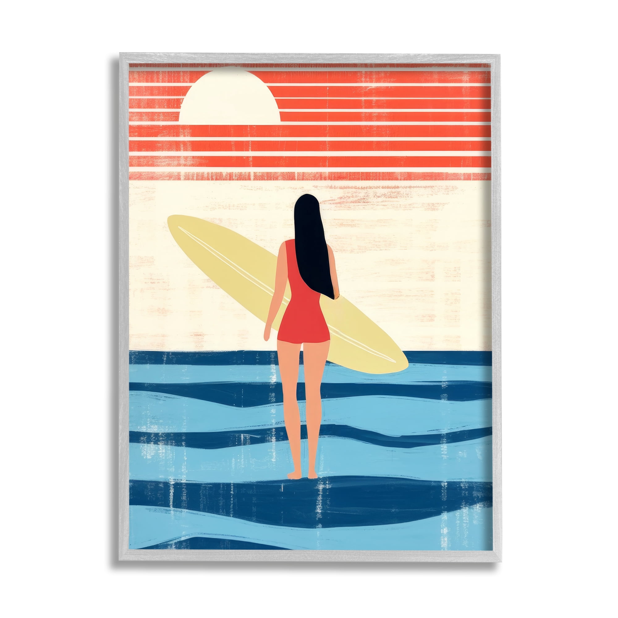 Stupell Industries Rustic Surfer Girl Abstraction Abstract Painting Gray Framed Art Print Wall Art, 16 x 20