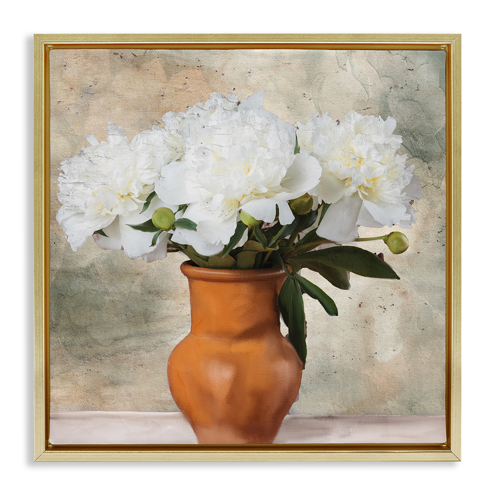 Stupell Industries Rustic Terracotta Vase Plants & Flowers Painting Gold Floater Framed Canvas Art Print Wall Art, 18 x 18