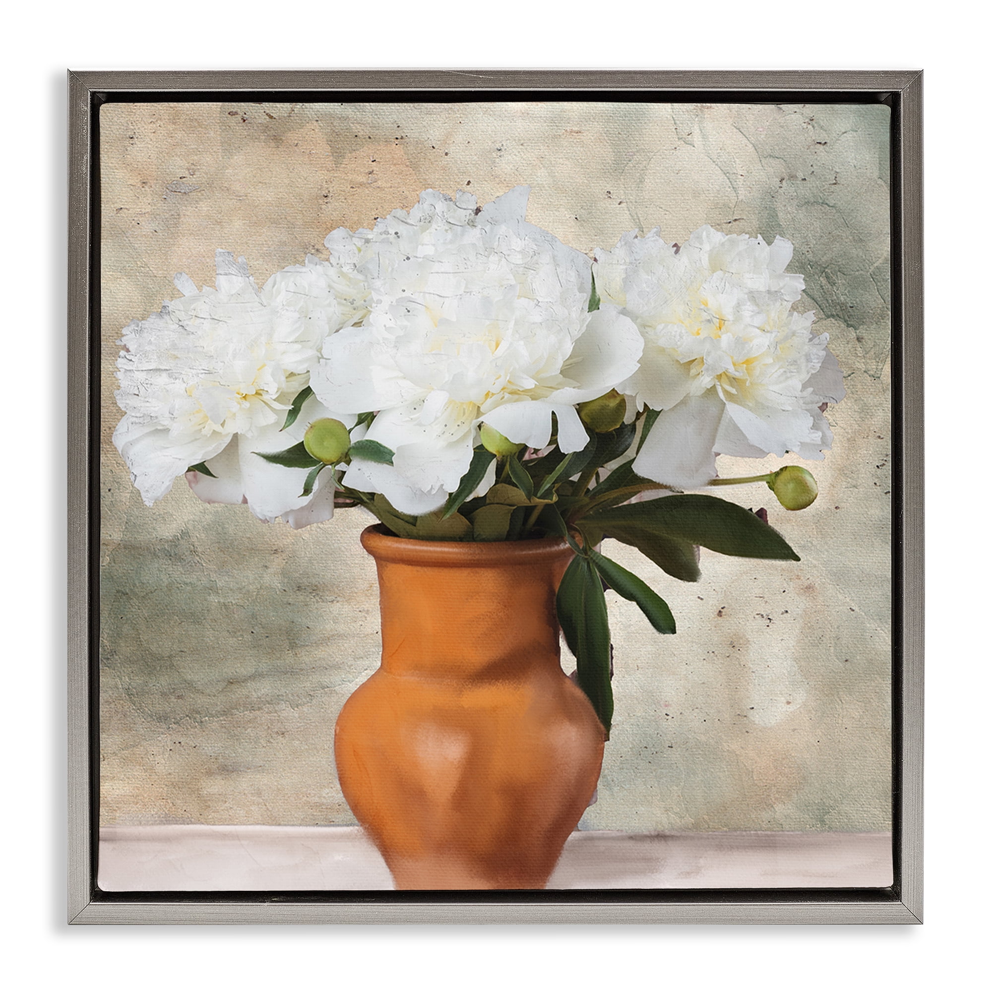 Stupell Industries Rustic Terracotta Vase Plants & Flowers Painting Gray Floater Framed Canvas Art Print Wall Art, 18 x 18