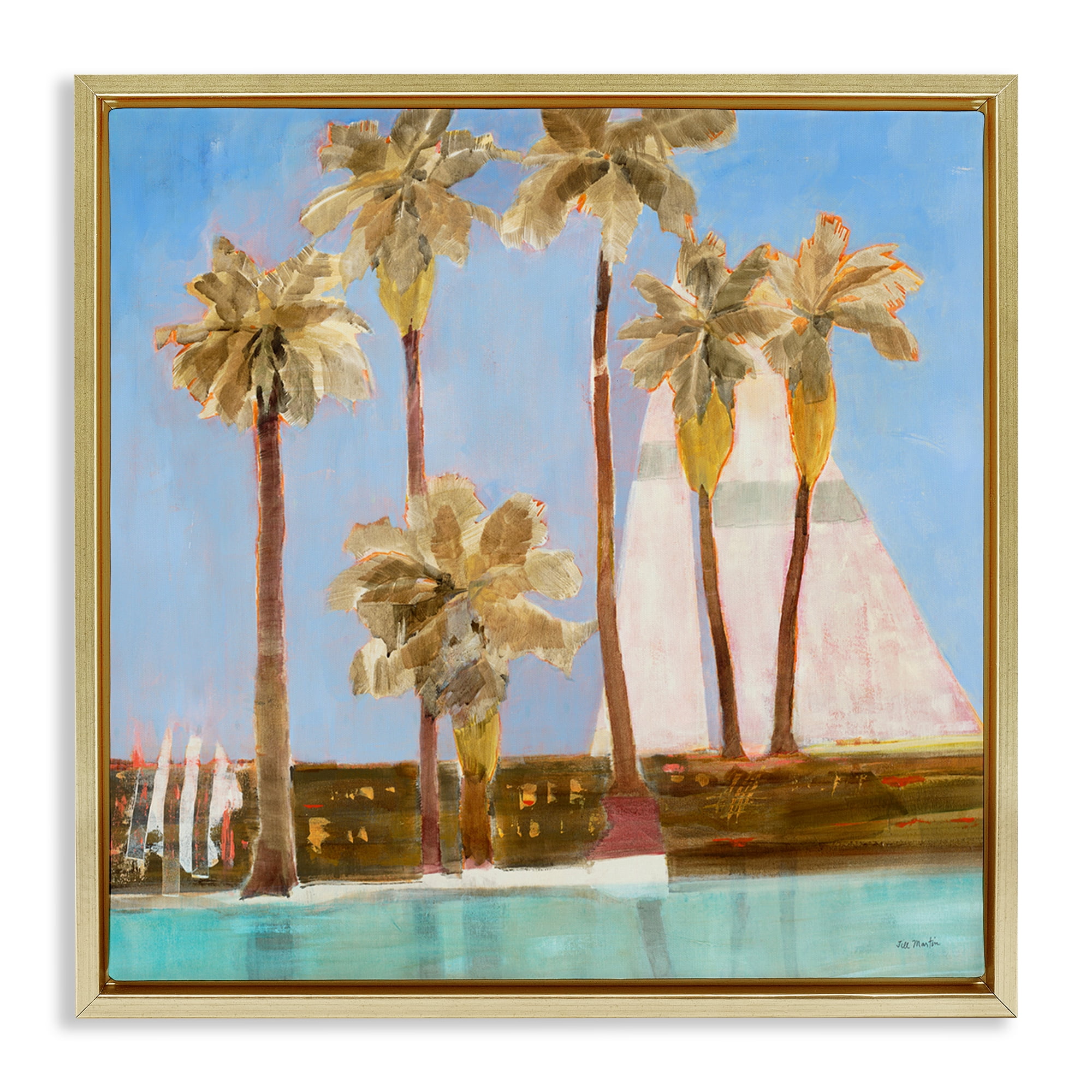 Stupell Industries Rustic Tropical Scene Coastal Painting Gold Floater Framed Canvas Art Print Wall Art, 25 x 25