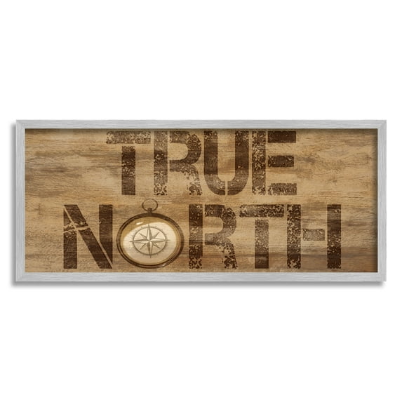 Stupell Industries Rustic True North Compass Nature Painting Gray Framed Art Print Wall Art, 24 x 10