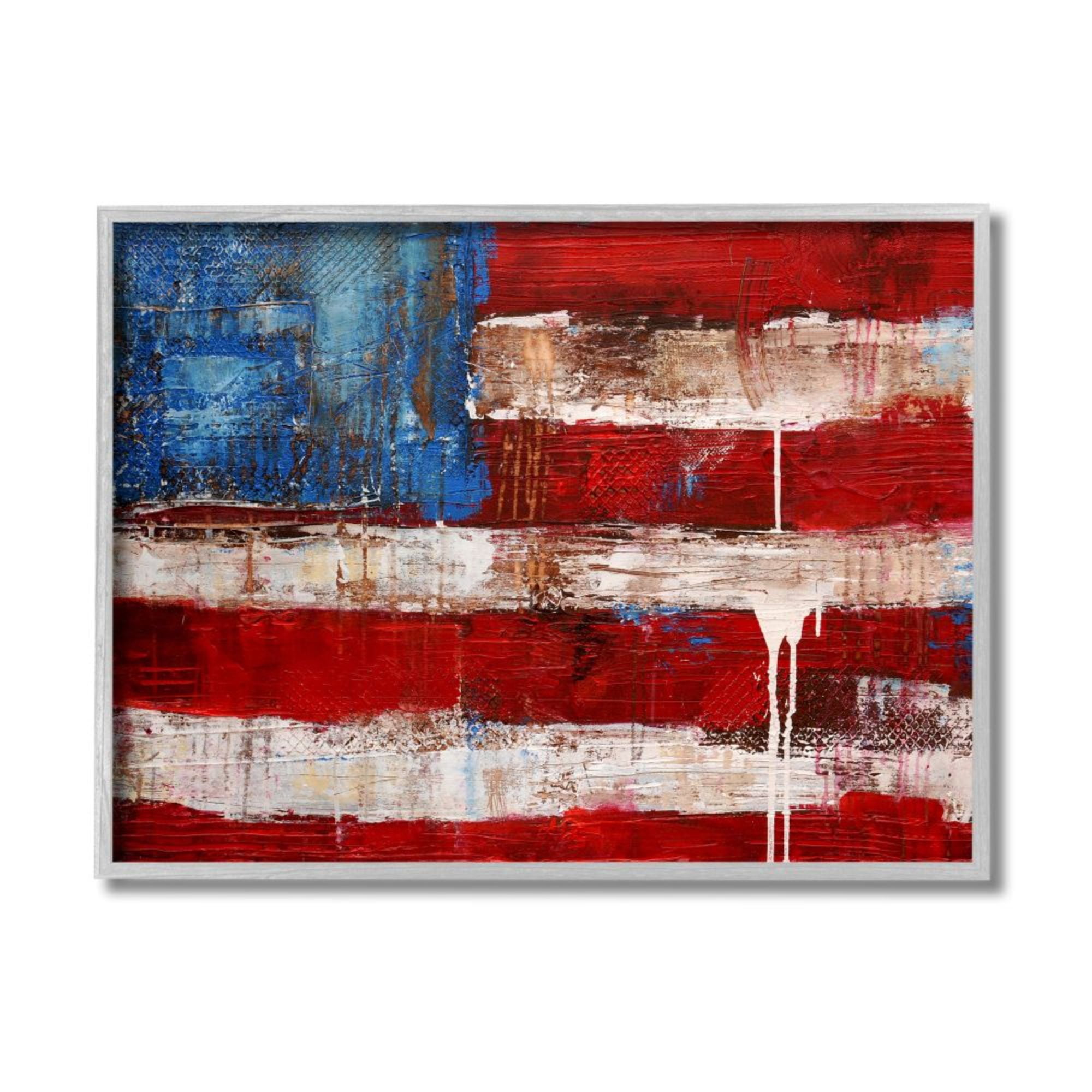Stupell Industries Rustic United States Flag with Distressed Paint Drip Design by Erin Ashley, 16" x 20", Gray Framed
