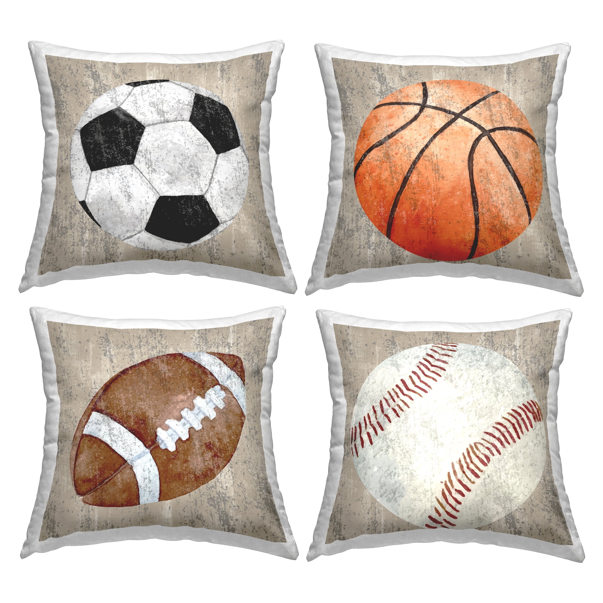 Stupell Industries Rustic Varied Sports Balls 4 Piece Decorative Printed Throw Pillow Set, 18 x 18
