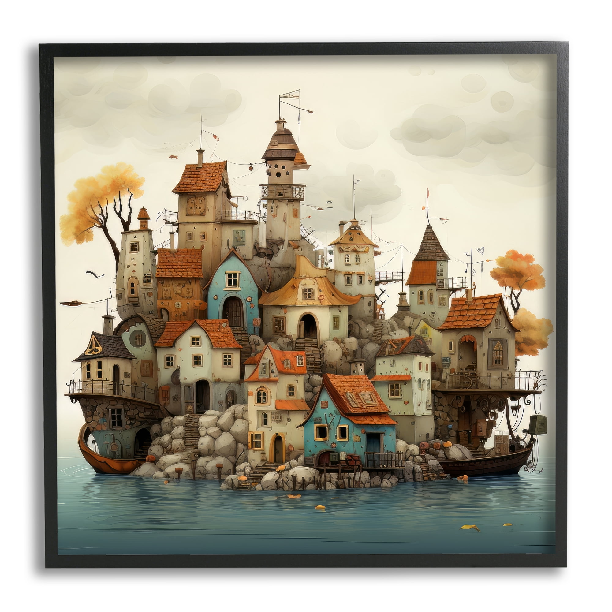 Stupell Industries Rustic Village on Water Travel & Places Painting Black Framed Art Print Wall Art, 24 x 24