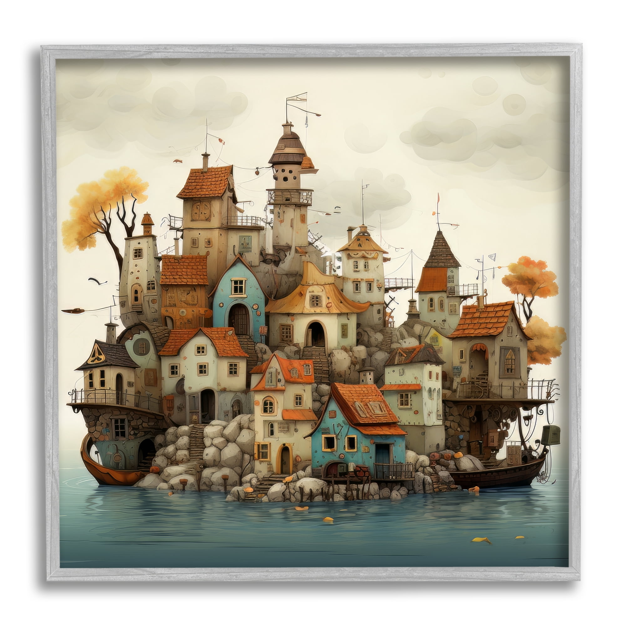 Stupell Industries Rustic Village on Water Travel & Places Painting Gray Framed Art Print Wall Art, 12 x 12