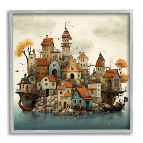 Stupell Industries Rustic Village on Water Travel & Places Painting Gray Framed Art Print Wall Art, 12 x 12