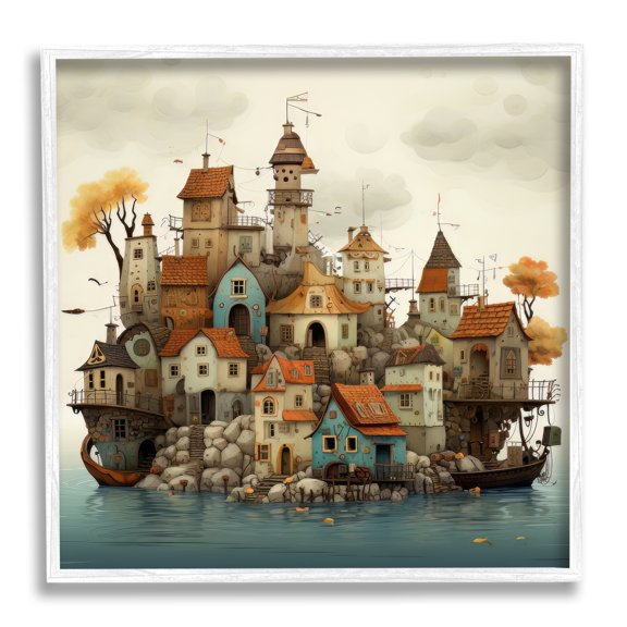 Stupell Industries Rustic Village on Water Travel & Places Painting White Framed Art Print Wall Art, 24 x 24