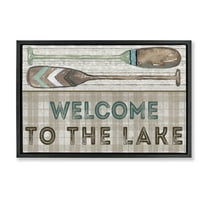 Stupell Industries Rustic Welcome Lake Oars Typography Painting Black Floater Framed Canvas Art Print Wall Art, 25 x 17