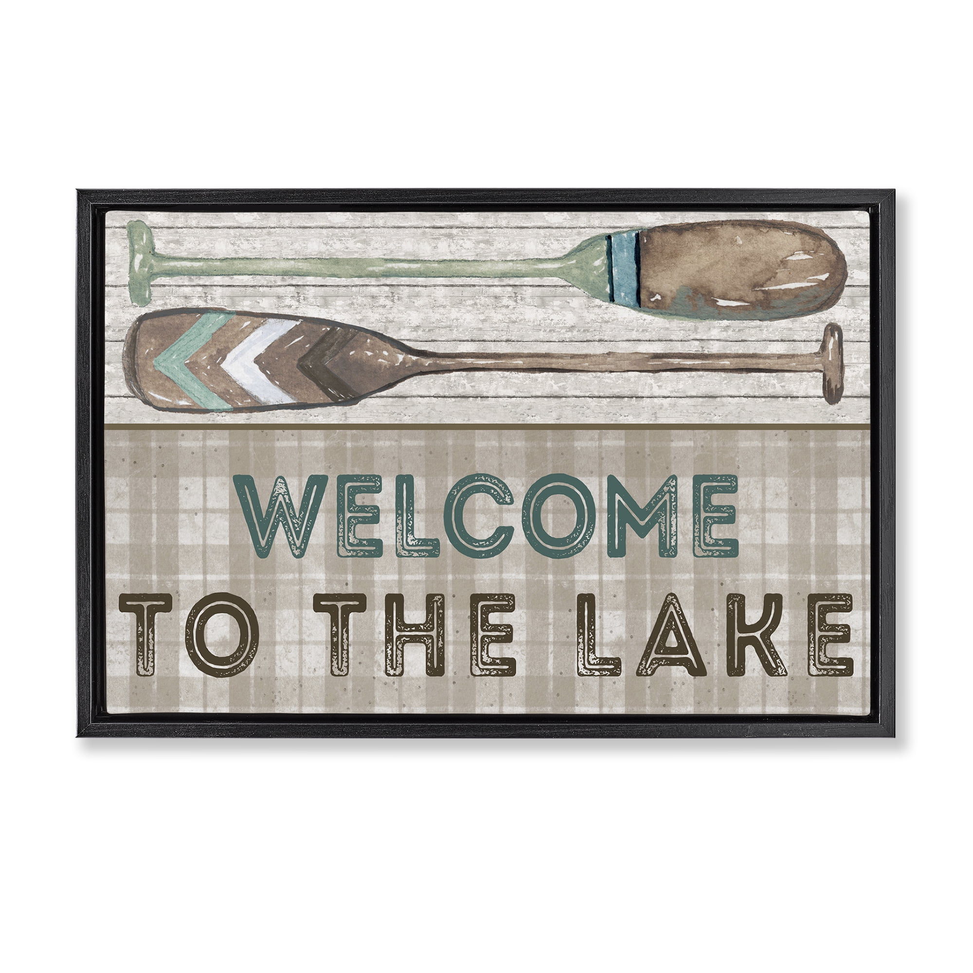 Stupell Industries Rustic Welcome Lake Oars Typography Painting Black Floater Framed Canvas Art Print Wall Art, 31 x 21