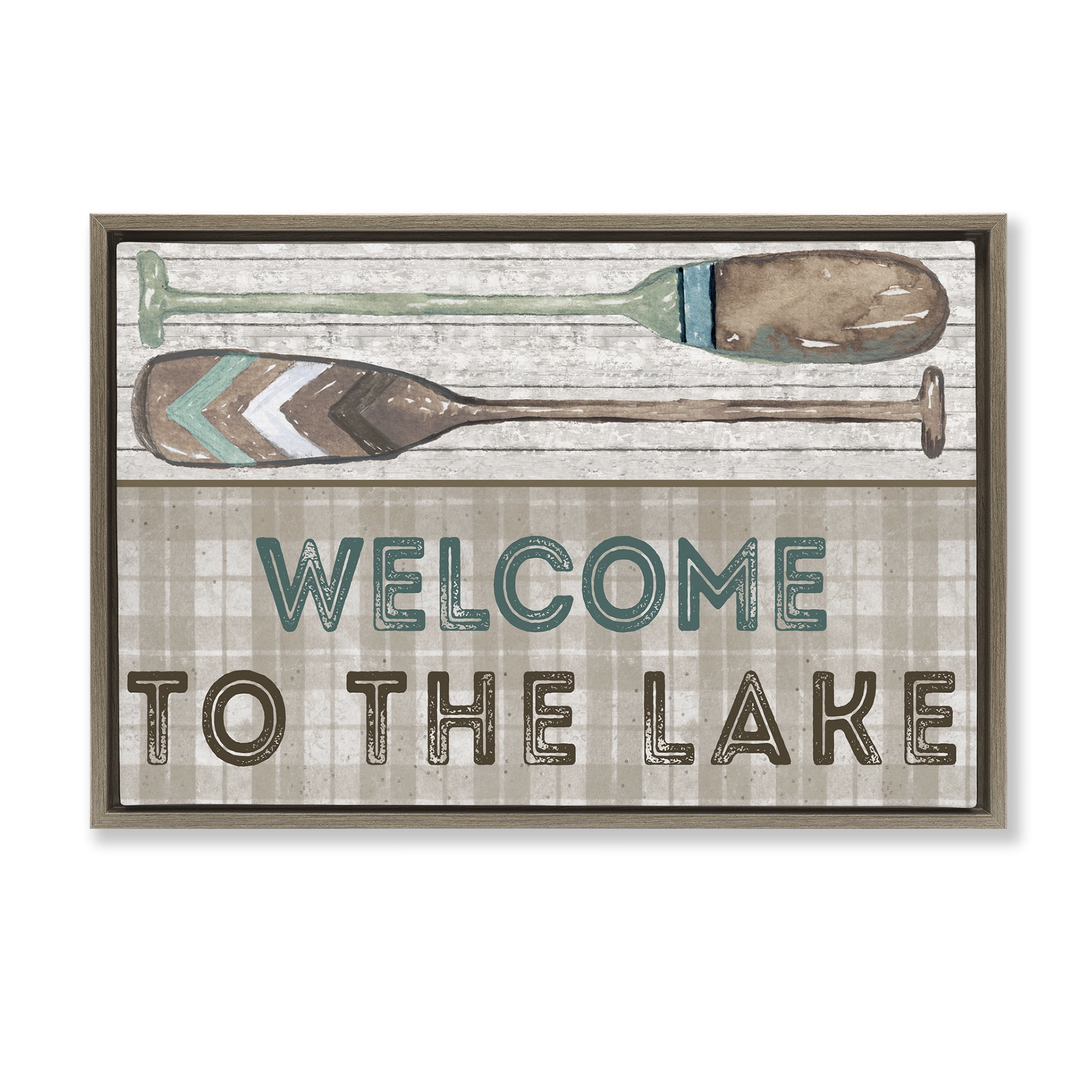 Stupell Industries Rustic Welcome Lake Oars Typography Painting Brown Floater Framed Canvas Art Print Wall Art, 25 x 17