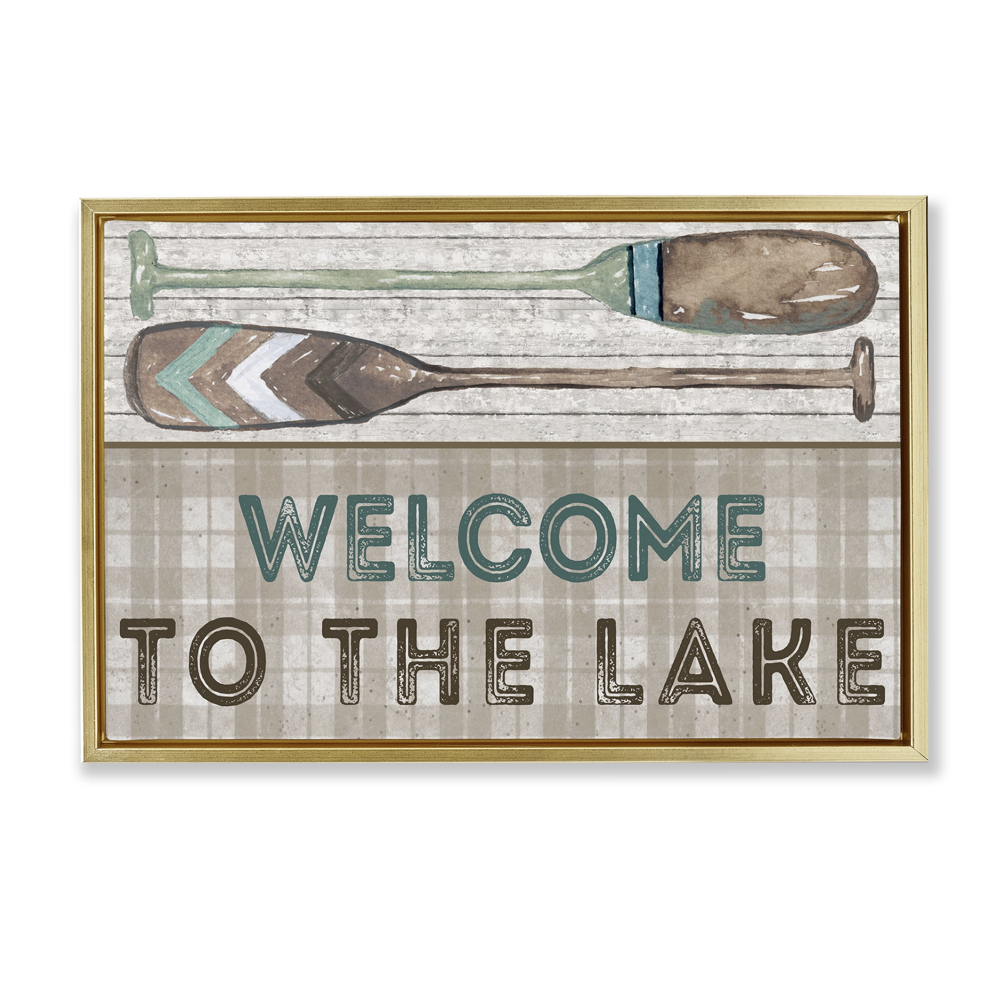 Stupell Industries Rustic Welcome Lake Oars Typography Painting Gold Floater Framed Canvas Art Print Wall Art, 31 x 21