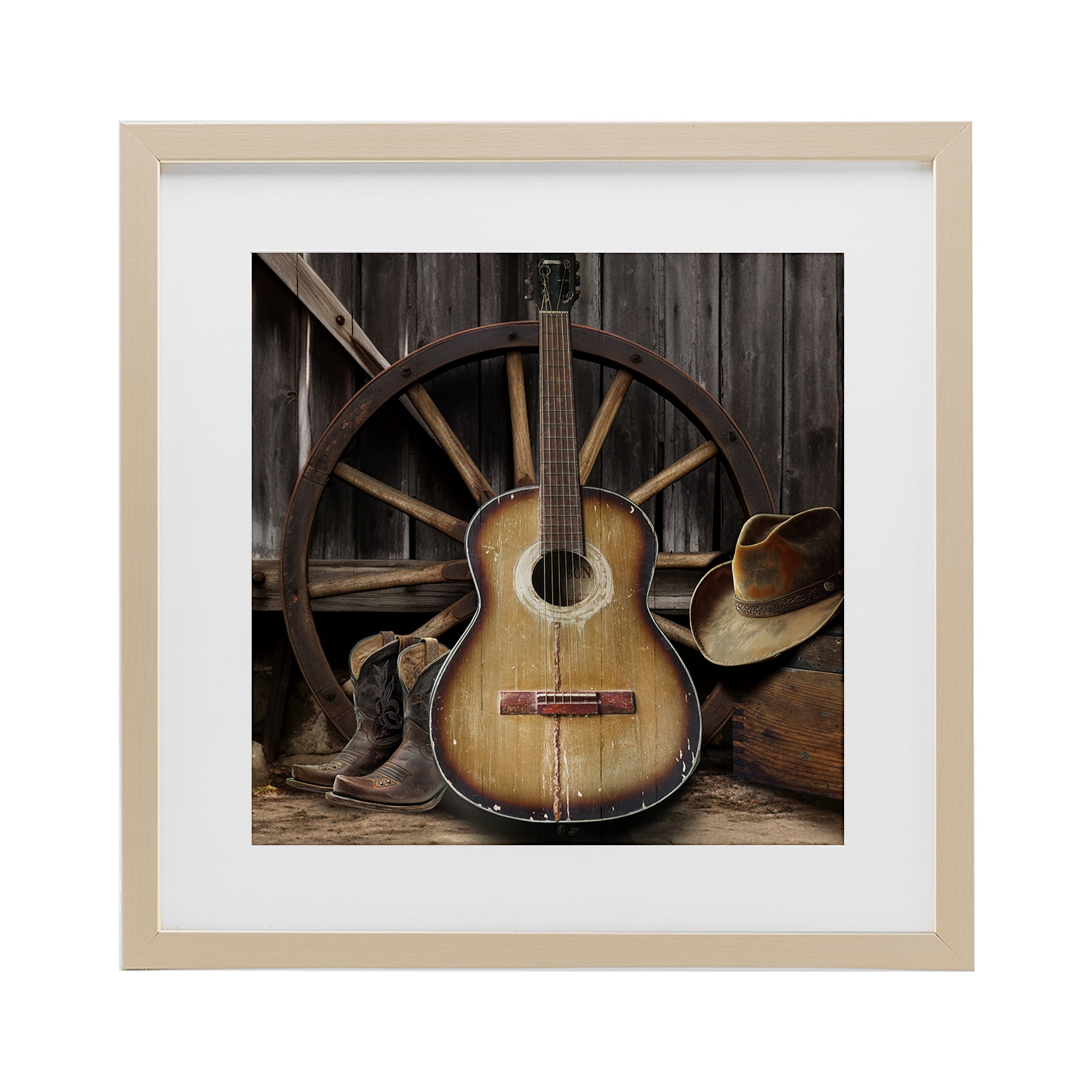 Stupell Industries Rustic Western Guitar with Hat Birch Framed Print Under Glass, design by CAD Designs