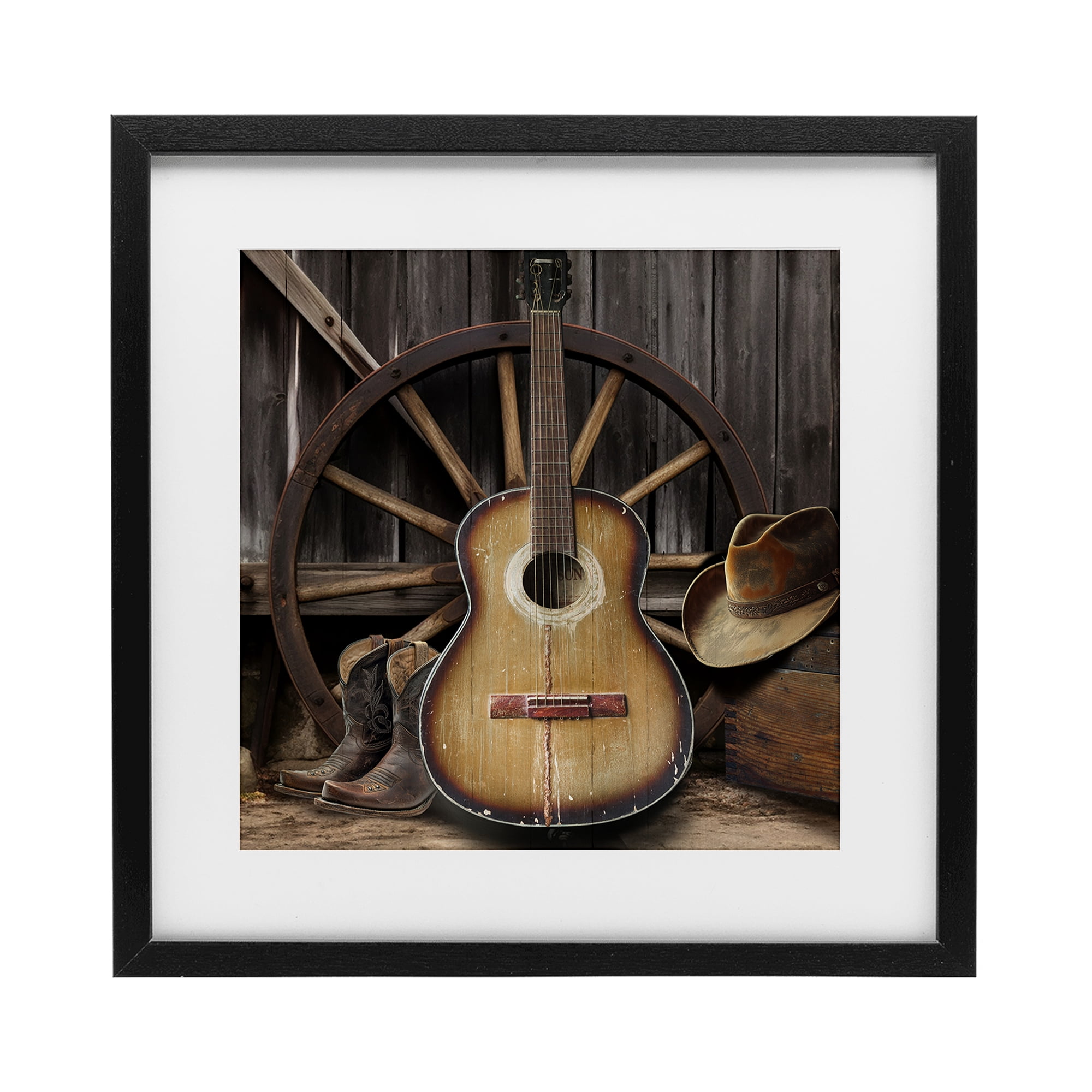 Stupell Industries Rustic Western Guitar with Hat Black Framed Print Under Glass, design by CAD Designs
