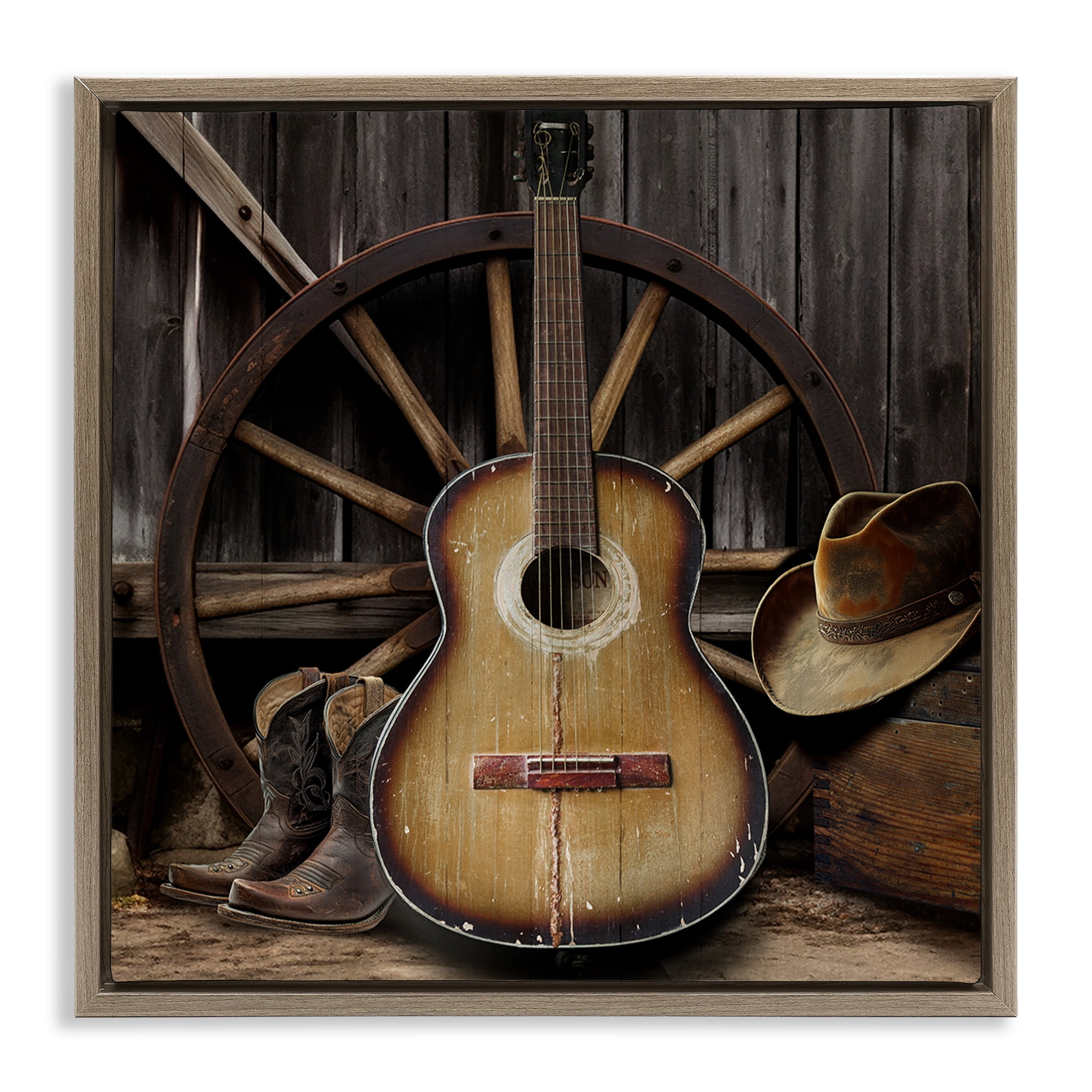 Stupell Industries Rustic Western Guitar with Hat Brown Framed Floater Canvas Wall Art, design by CAD Designs