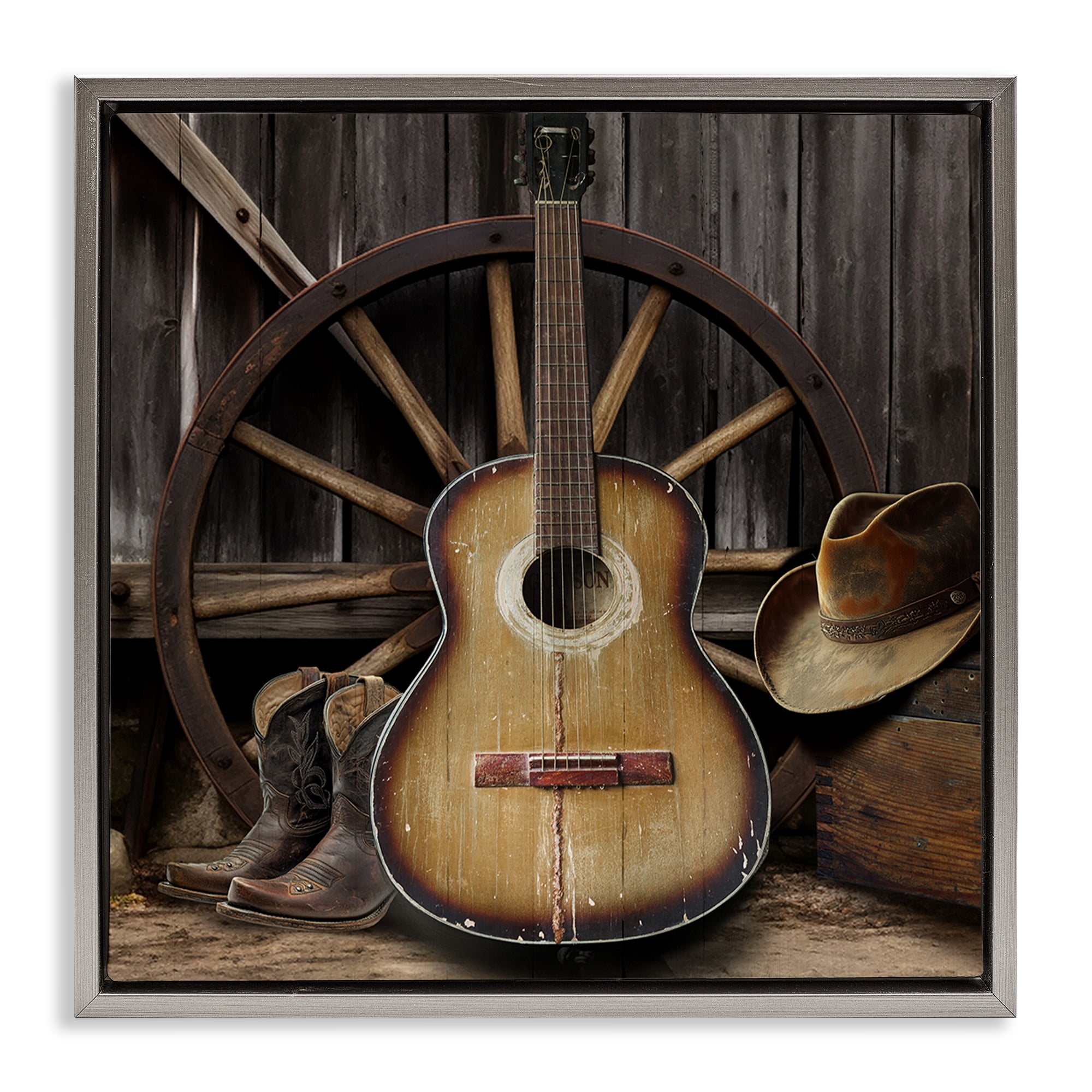Stupell Industries Rustic Western Guitar with Hat Gray Framed Floater Canvas Wall Art, design by CAD Designs
