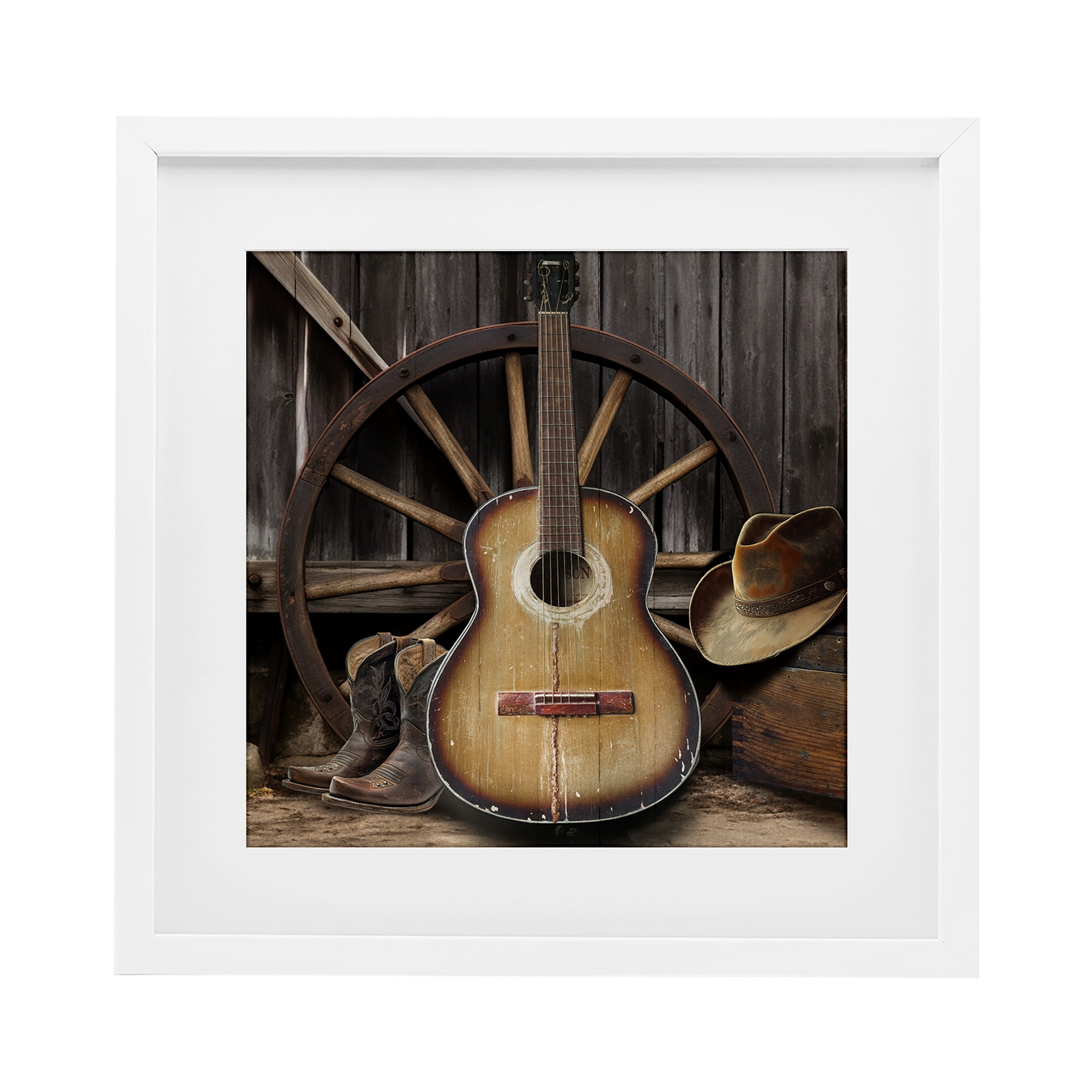 Stupell Industries Rustic Western Guitar with Hat White Framed Print Under Glass, design by CAD Designs