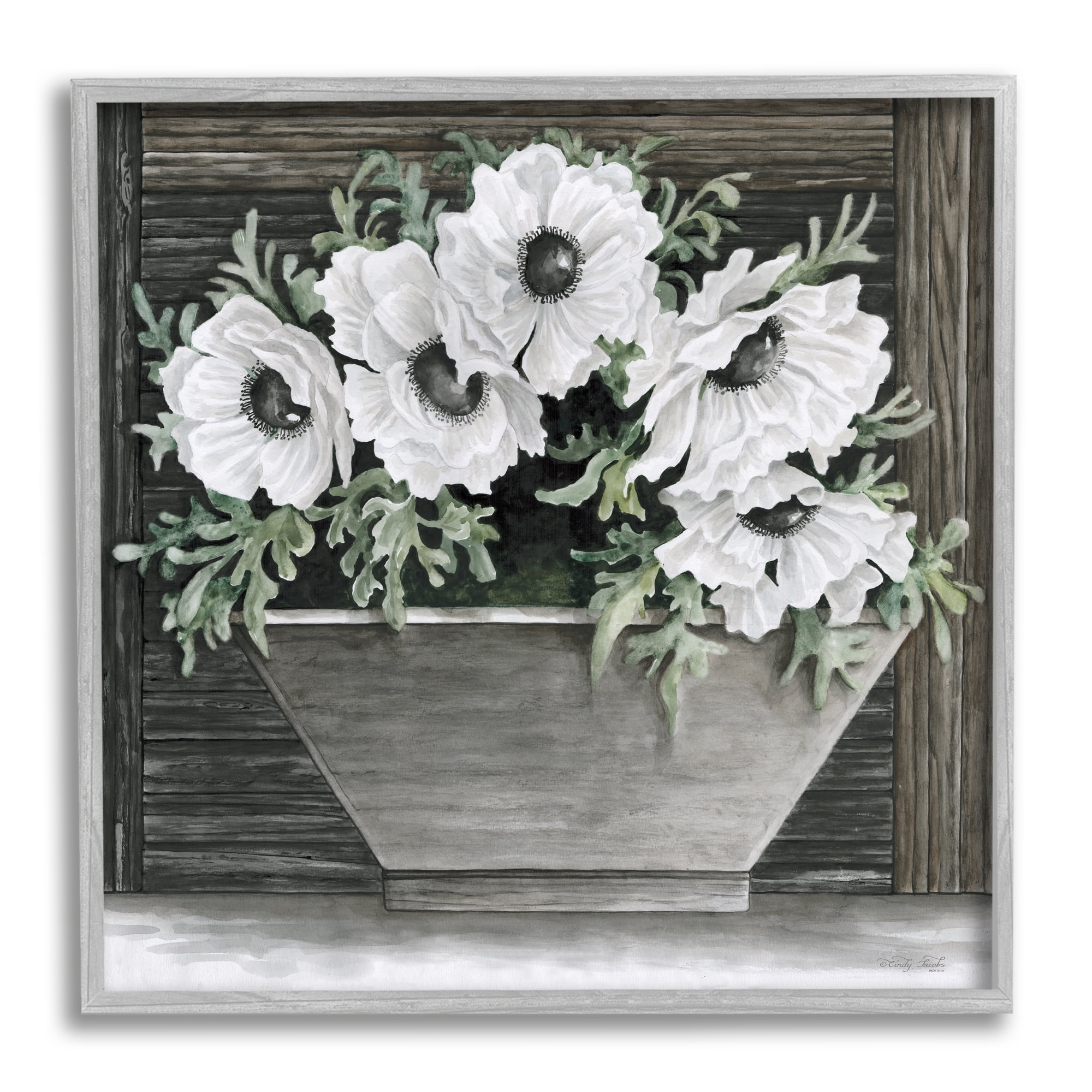 Stupell Industries Rustic White Anemone Flower Blossoms Overhanging Planter Painting Gray Framed Art Print Wall Art, Design by Cindy Jacobs