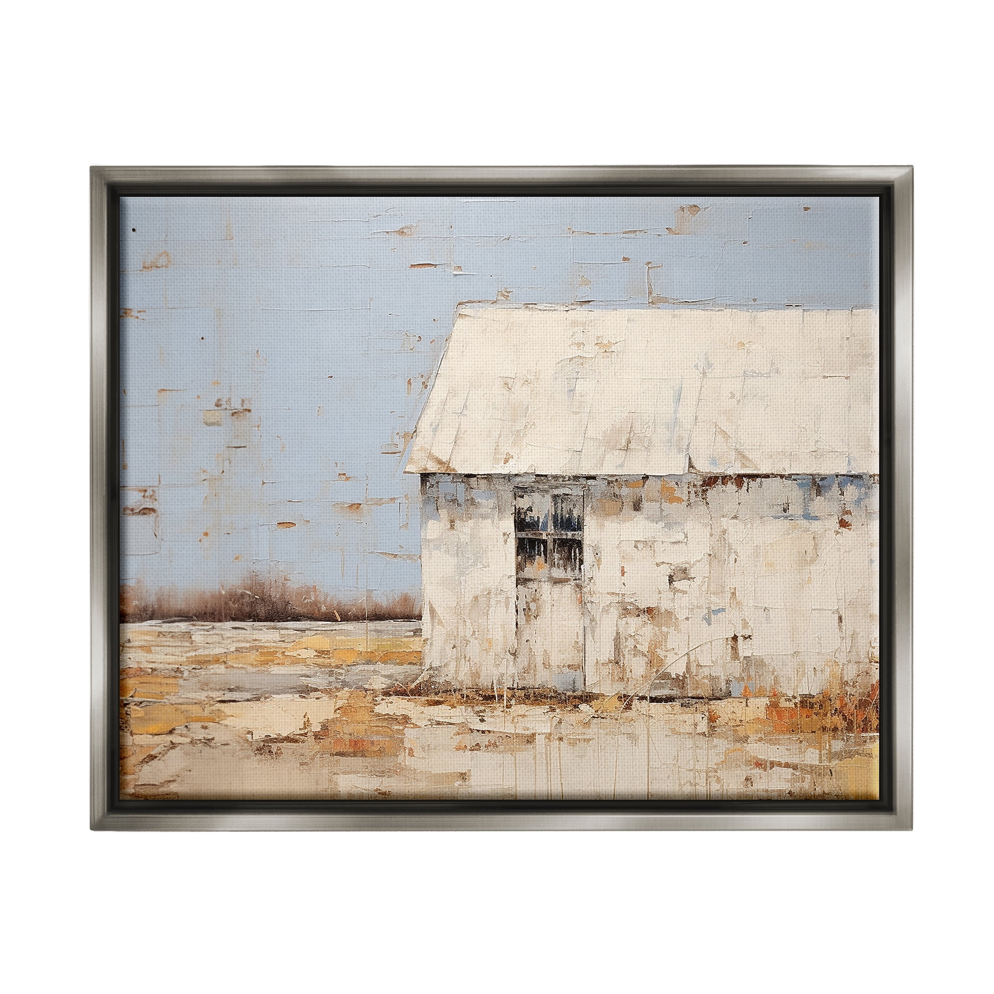 Stupell Industries Rustic White Barn Abstract Painting Gray Floater Framed Canvas Art Print Wall Art, 21 x 17