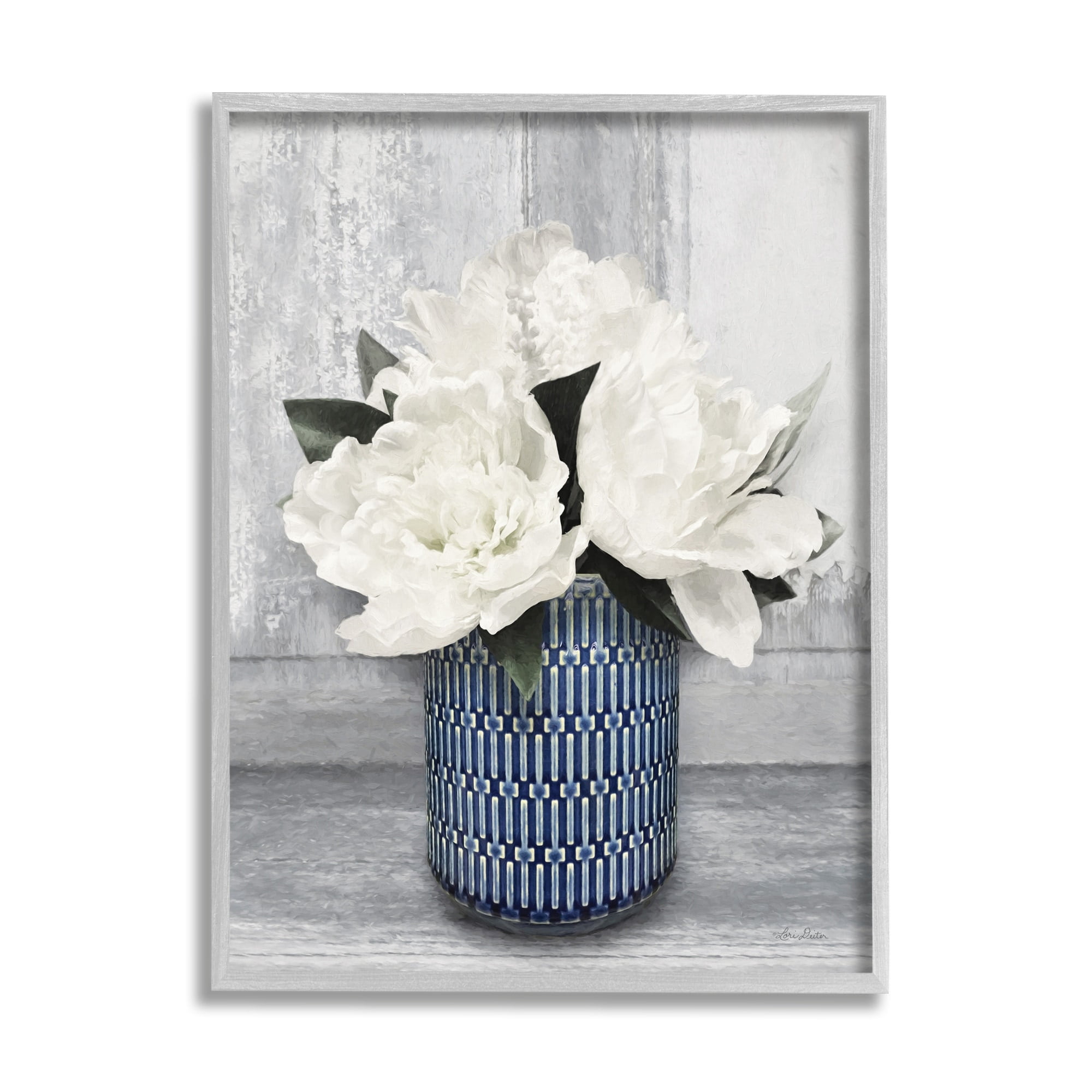 Stupell Industries Rustic White Peony Flower Blossoms Geometric Pattern Vase,11 x 14, Design by Lori Deiter