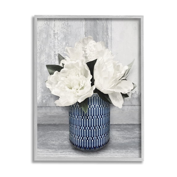 Stupell Industries Rustic White Peony Flower Blossoms Geometric Pattern Vase,11 x 14, Design by Lori Deiter