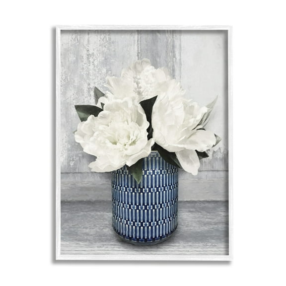 Stupell Industries Rustic White Peony Flower Blossoms Geometric Pattern Vase,11 x 14, Design by Lori Deiter