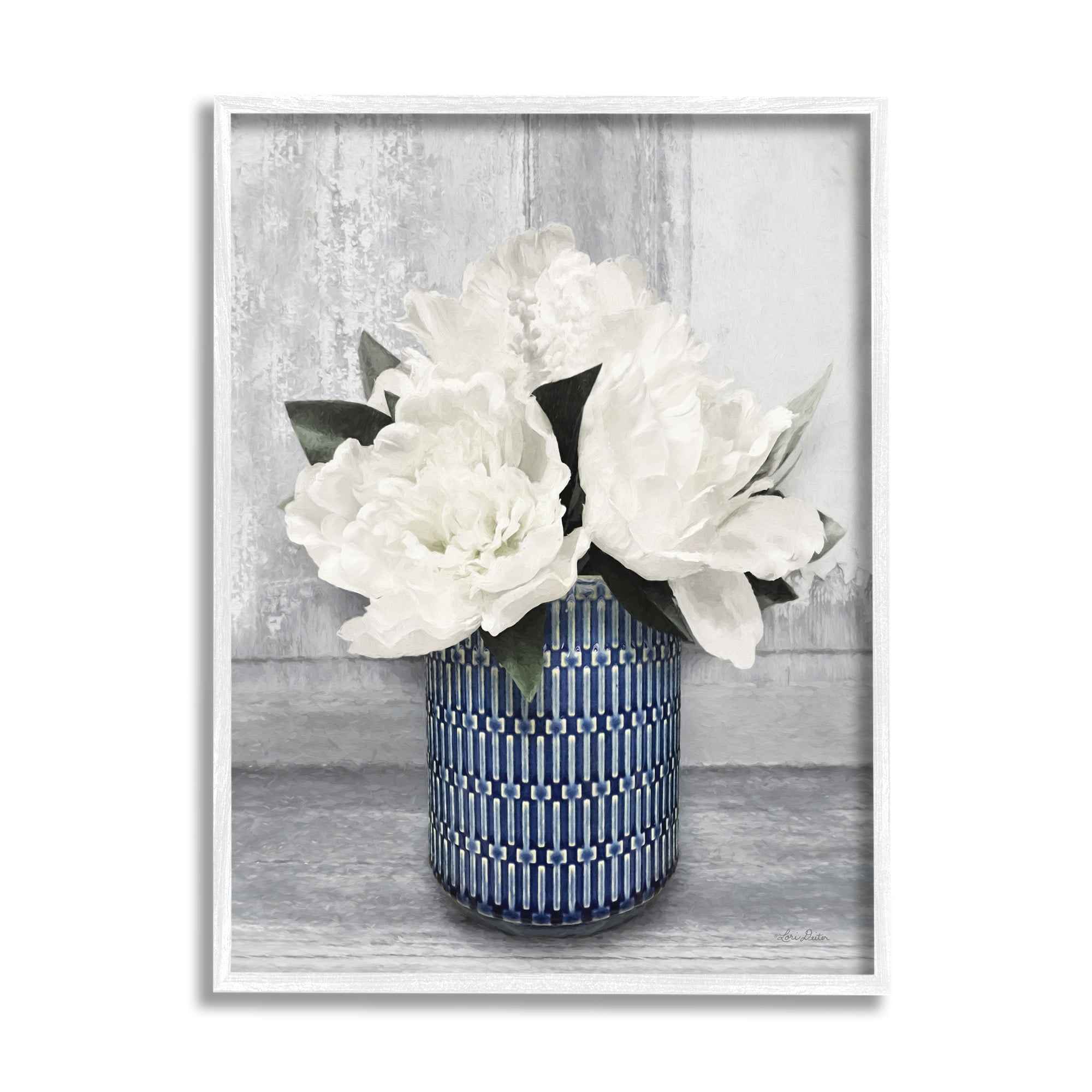 Stupell Industries Rustic White Peony Flower Blossoms Geometric Pattern Vase,16 x 20, Design by Lori Deiter