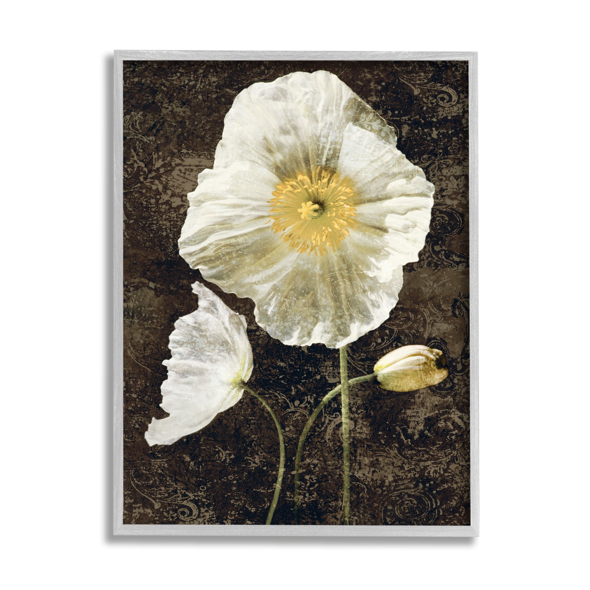 Stupell Industries Rustic White Poppies Botanical & Floral Painting Gray Framed Art Print Wall Art, 16 x 20