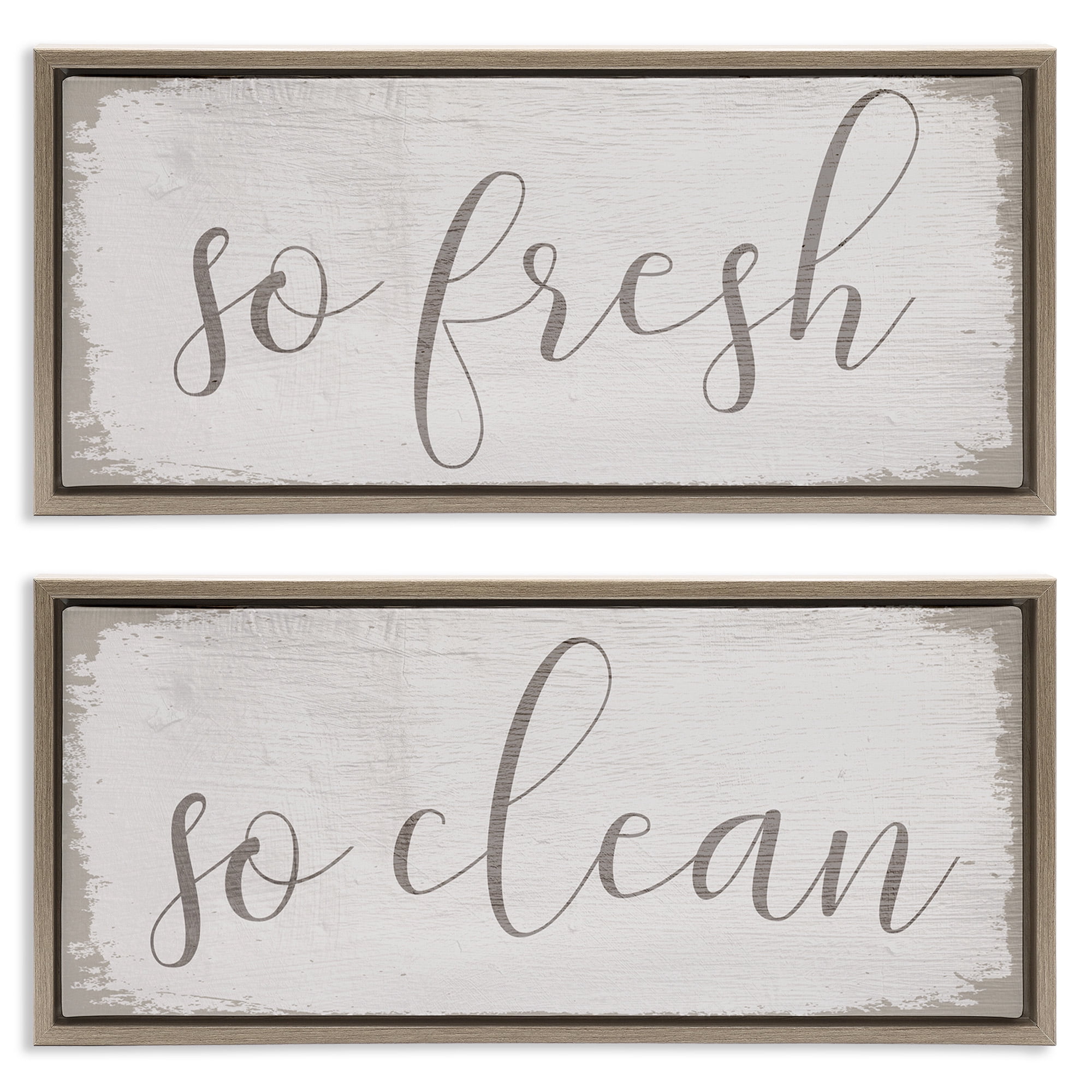 Stupell Industries Rustic White So Fresh So Clean Typography Painting Brown Floater Framed Canvas Art Print Wall Art, 31 x 14, Set of 2
