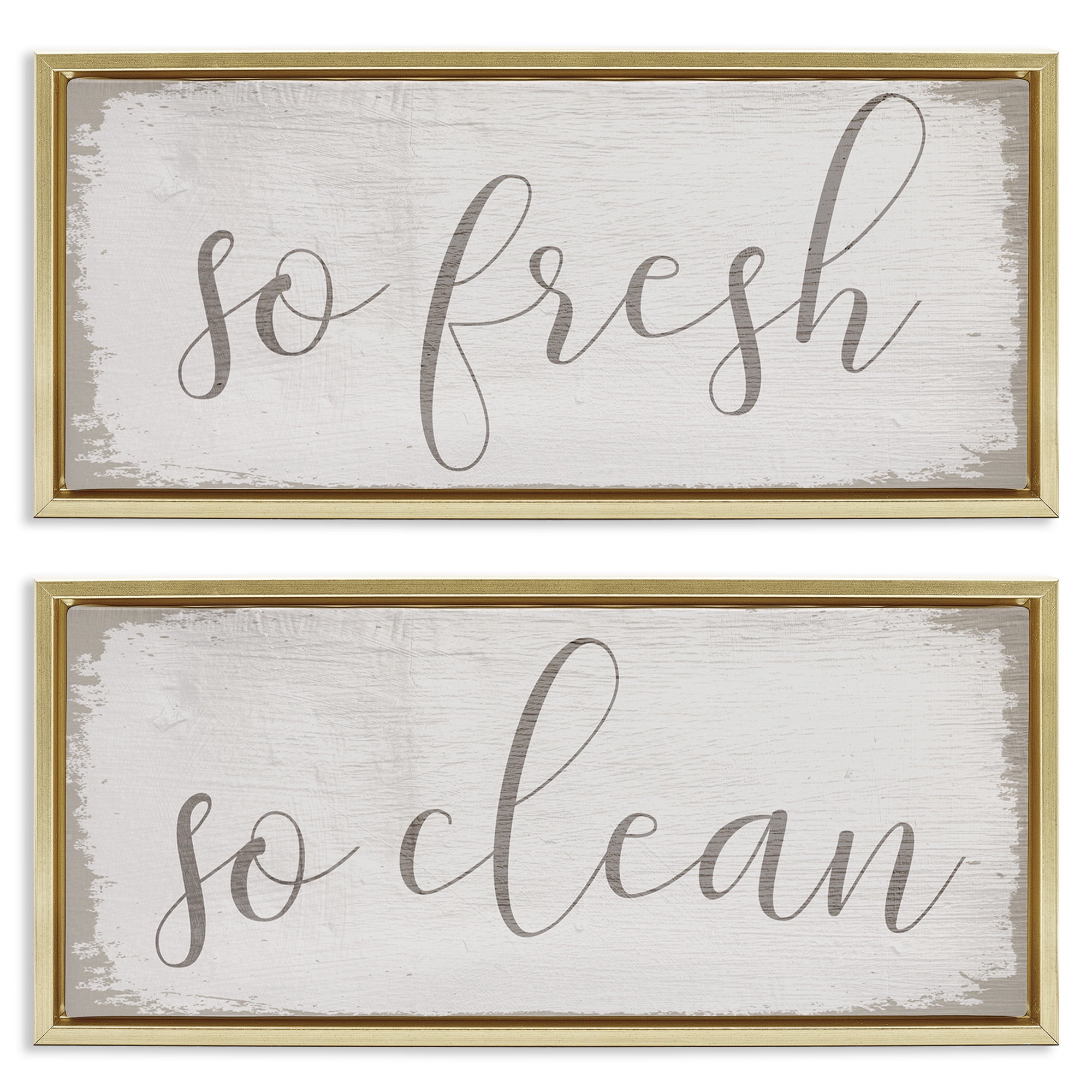 Stupell Industries Rustic White So Fresh So Clean Typography Painting Gold Floater Framed Canvas Art Print Wall Art, 31 x 14, Set of 2
