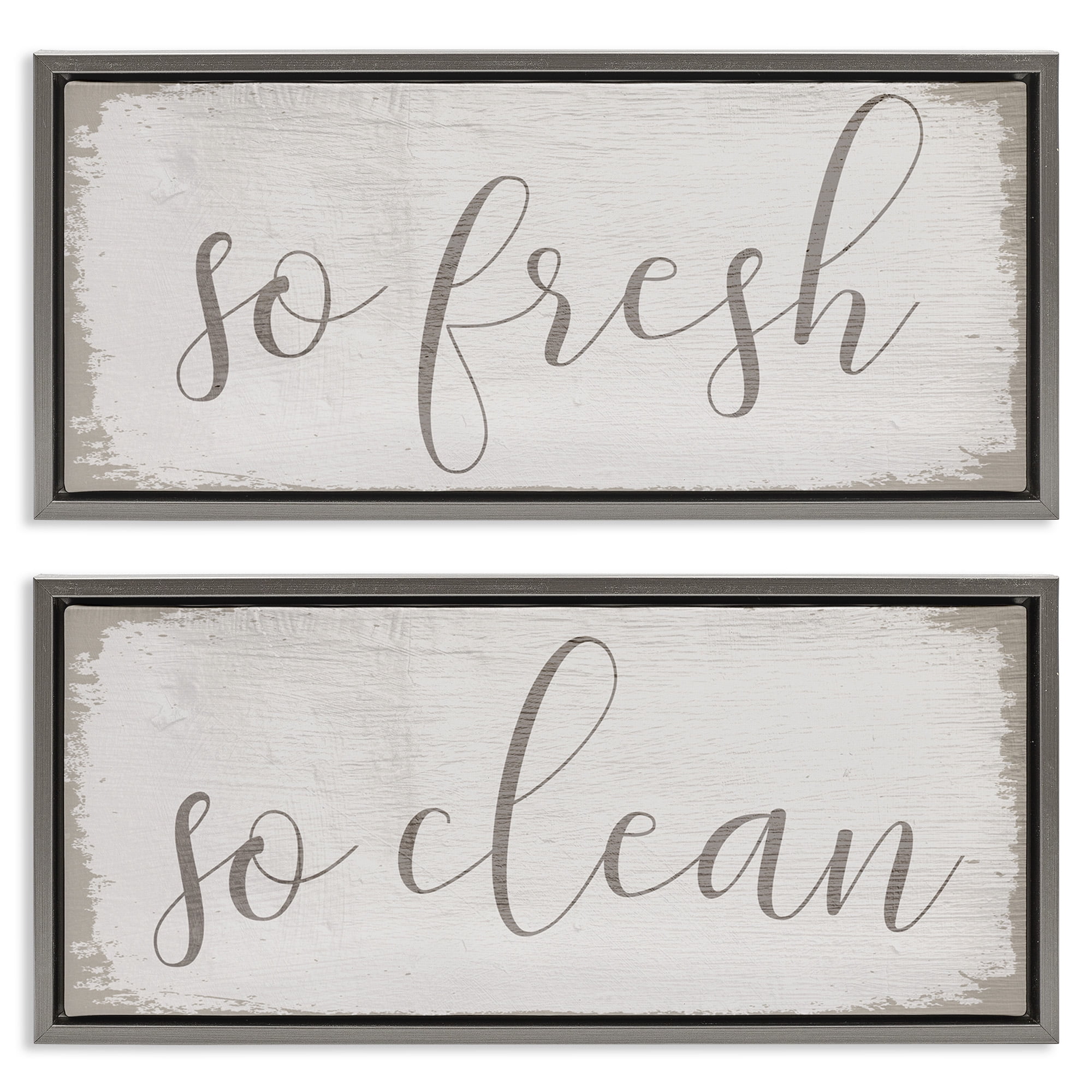 Stupell Industries Rustic White So Fresh So Clean Typography Painting Gray Floater Framed Canvas Art Print Wall Art, 31 x 14, Set of 2