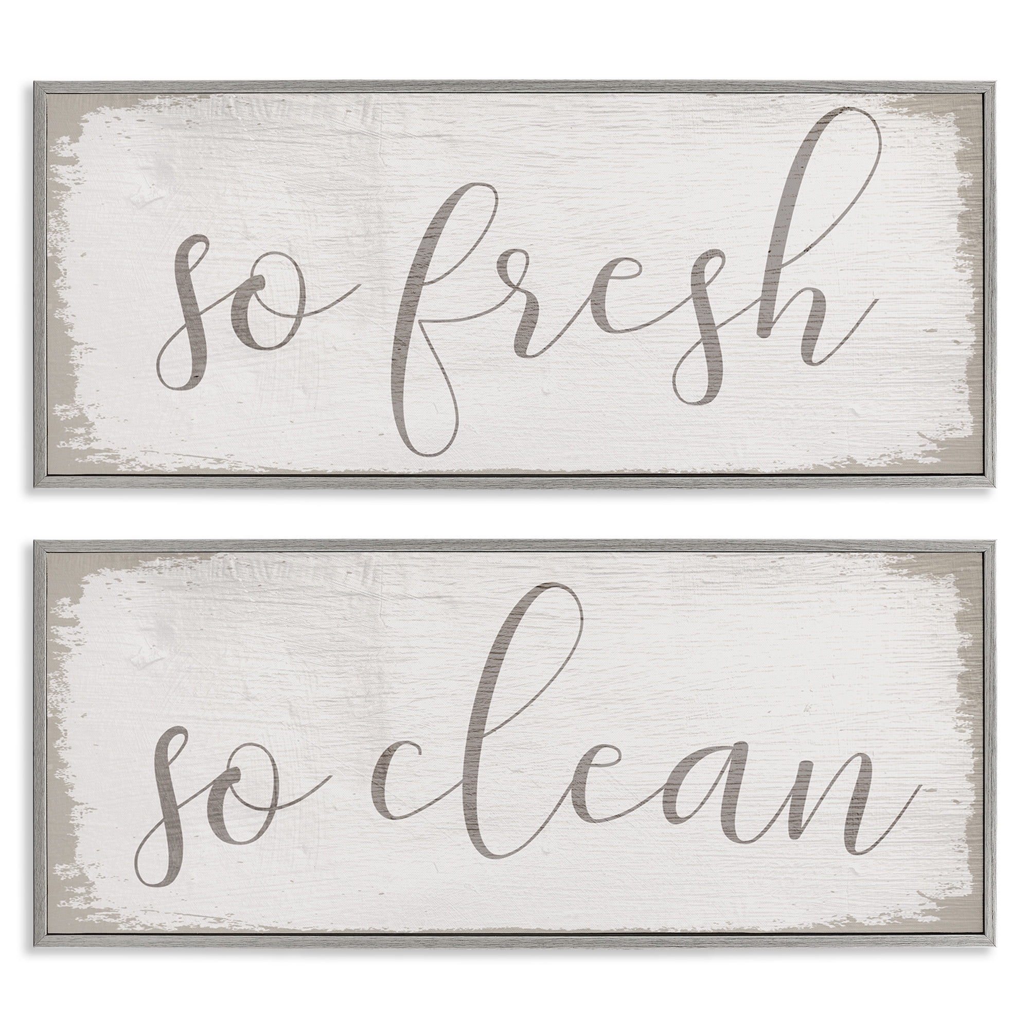 Stupell Industries Rustic White So Fresh So Clean Typography Painting Gray Framed Art Print Wall Art, 24 x 10, Set of 2