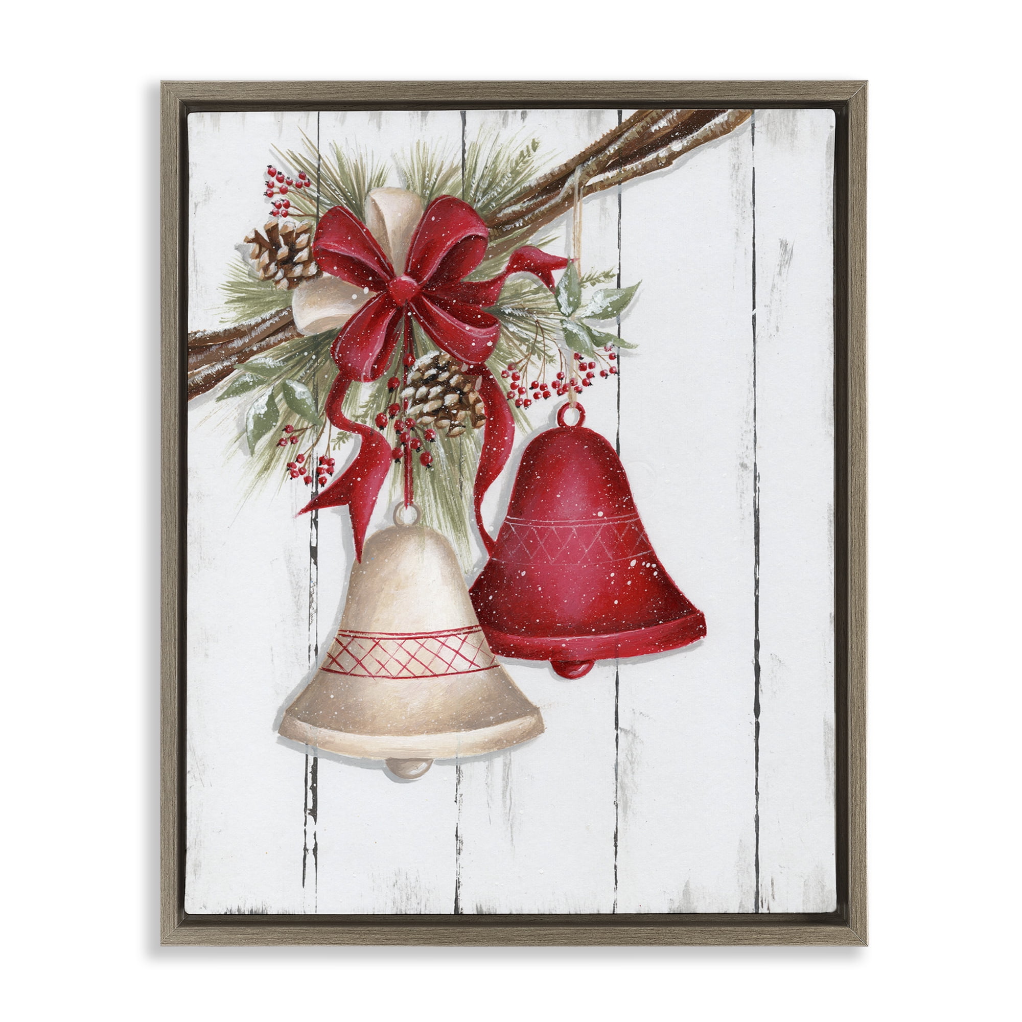 Stupell Industries Rustic Winter Bells Holiday Painting Brown Floater Framed Art Print Wall Art, 17 x 21