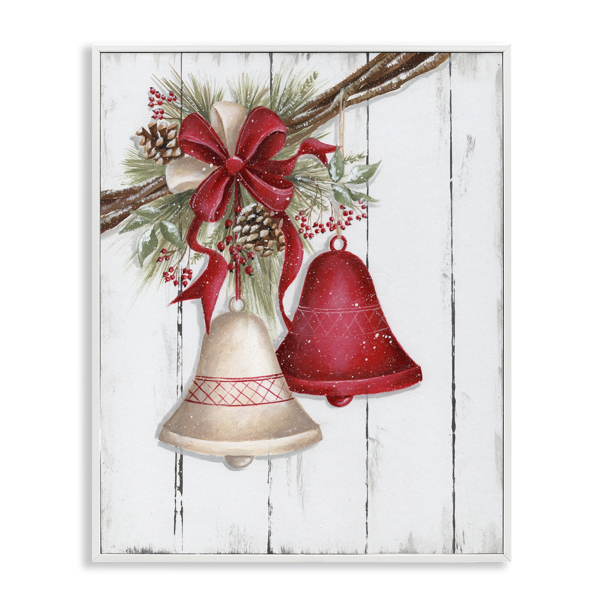 Stupell Industries Rustic Winter Bells Holiday Painting White Framed Art Print Wall Art, 24 x 30