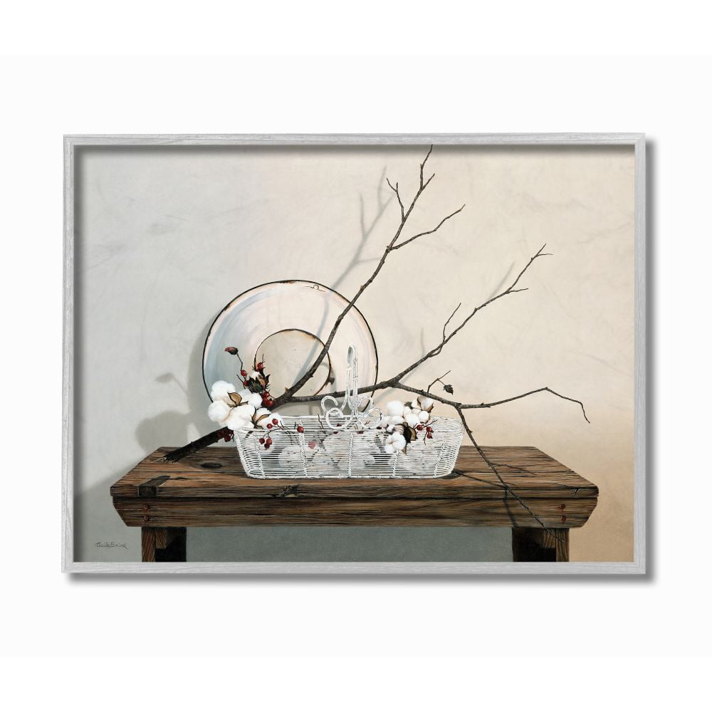 Stupell Industries Rustic Winter Farm Table with Cotton Floral Still-Life Designed by Cecile Baird