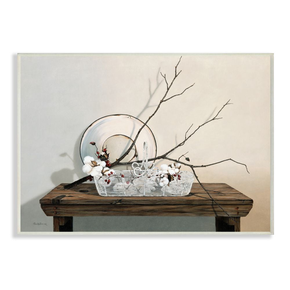 Stupell Industries Rustic Winter Farm Table with Cotton Floral Still-Life Designed by Cecile Baird